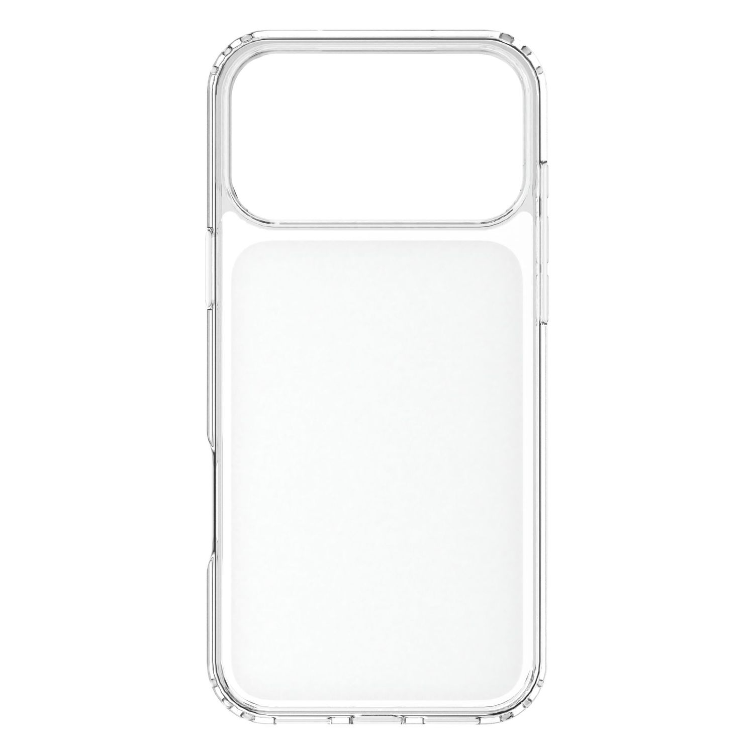 Una funda de teléfono transparente con recortes para cámara y botones.