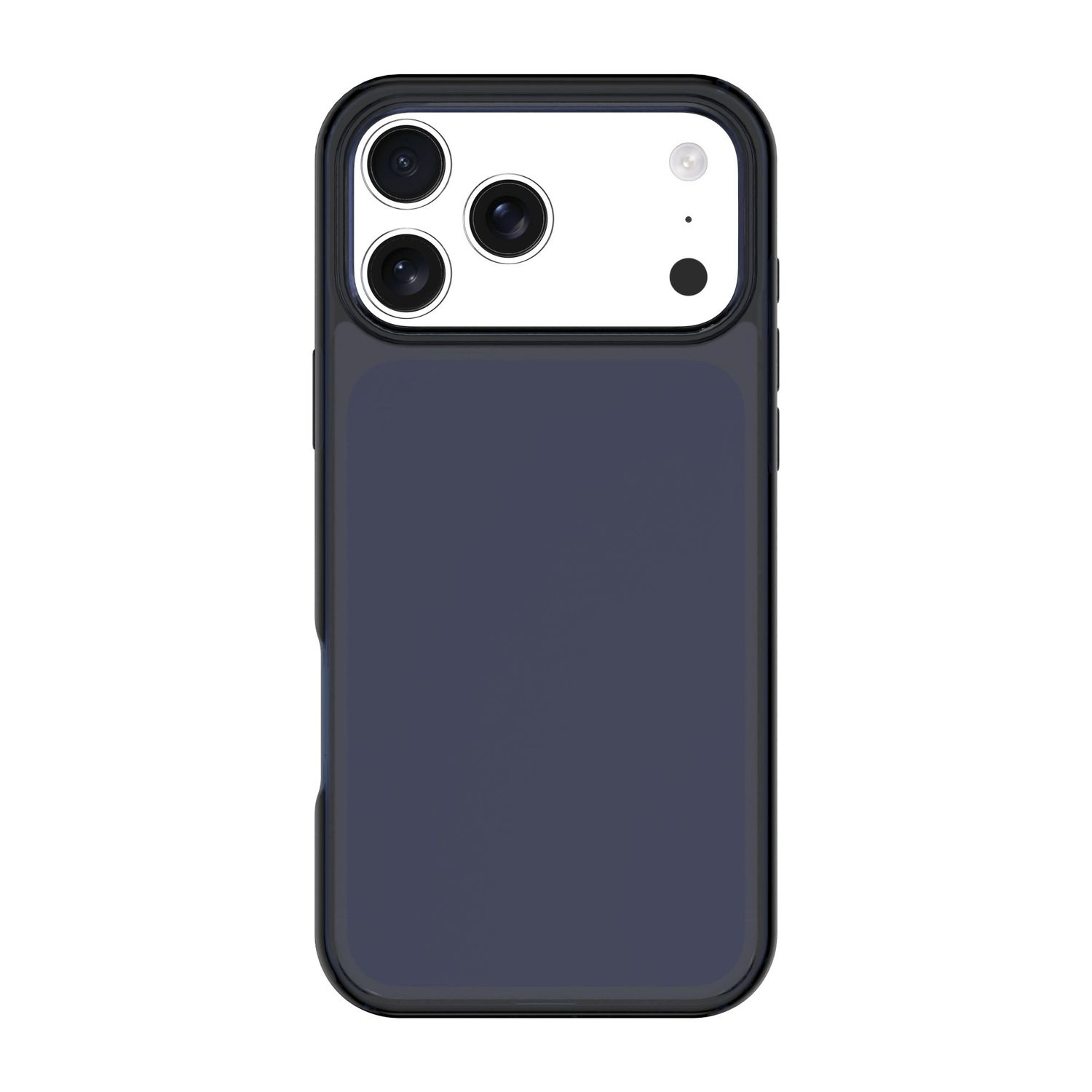 Funda de teléfono azul oscuro con módulo de cámara rectangular y tres lentes.