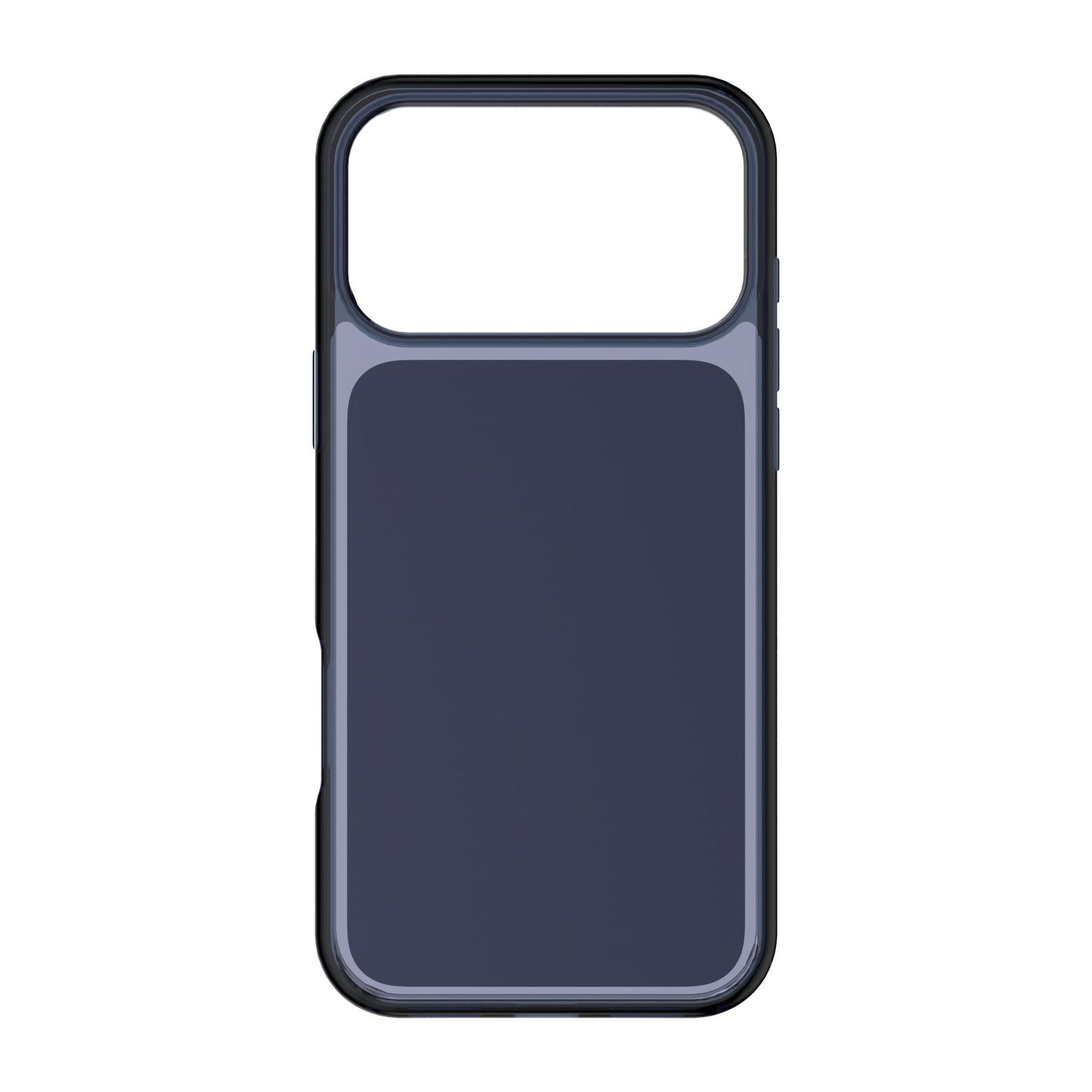 Funda de teléfono gris oscuro con parte trasera transparente y marco negro.