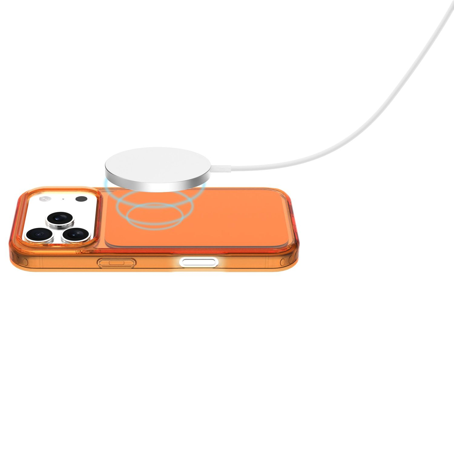 Un iPhone naranja con cargador y cable sobre fondo blanco.