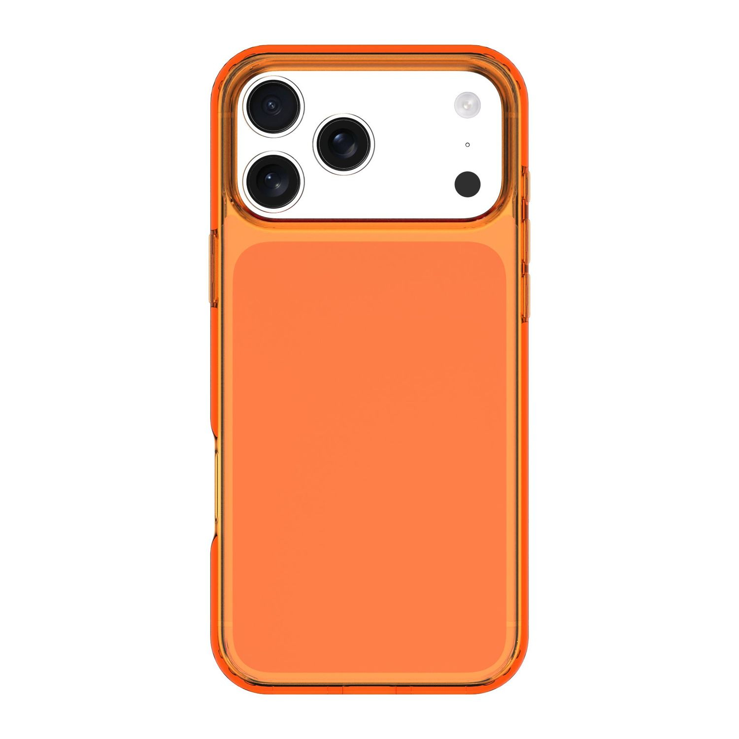 Funda naranja para iPhone con tres cámaras sobre fondo blanco.
