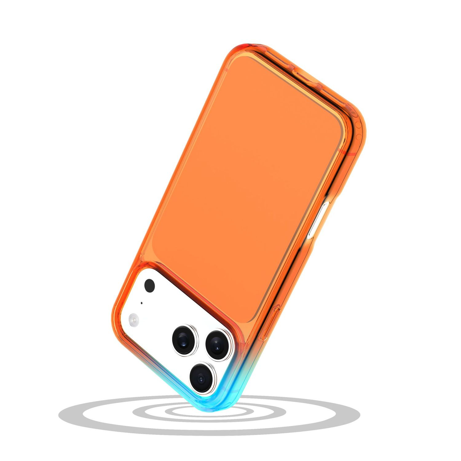 Una funda de teléfono naranja con degradado azul, flotando sobre fondo blanco.