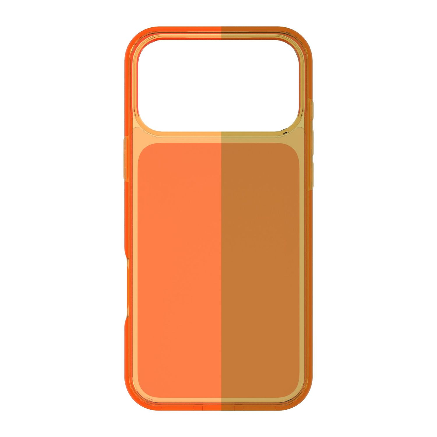 Una funda de iPhone naranja bicolor con marco transparente.