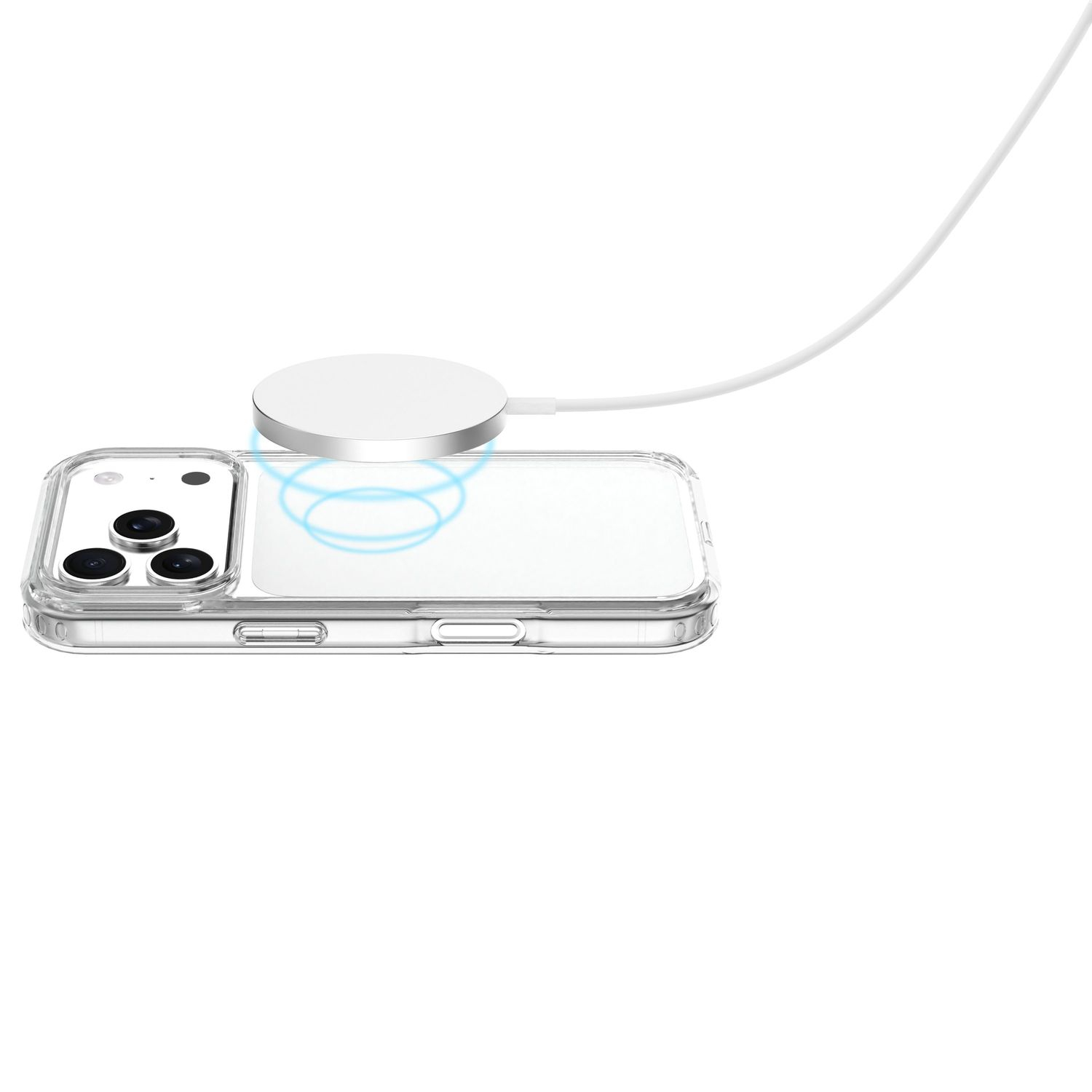 Un cargador inalámbrico blanco carga un teléfono transparente.
