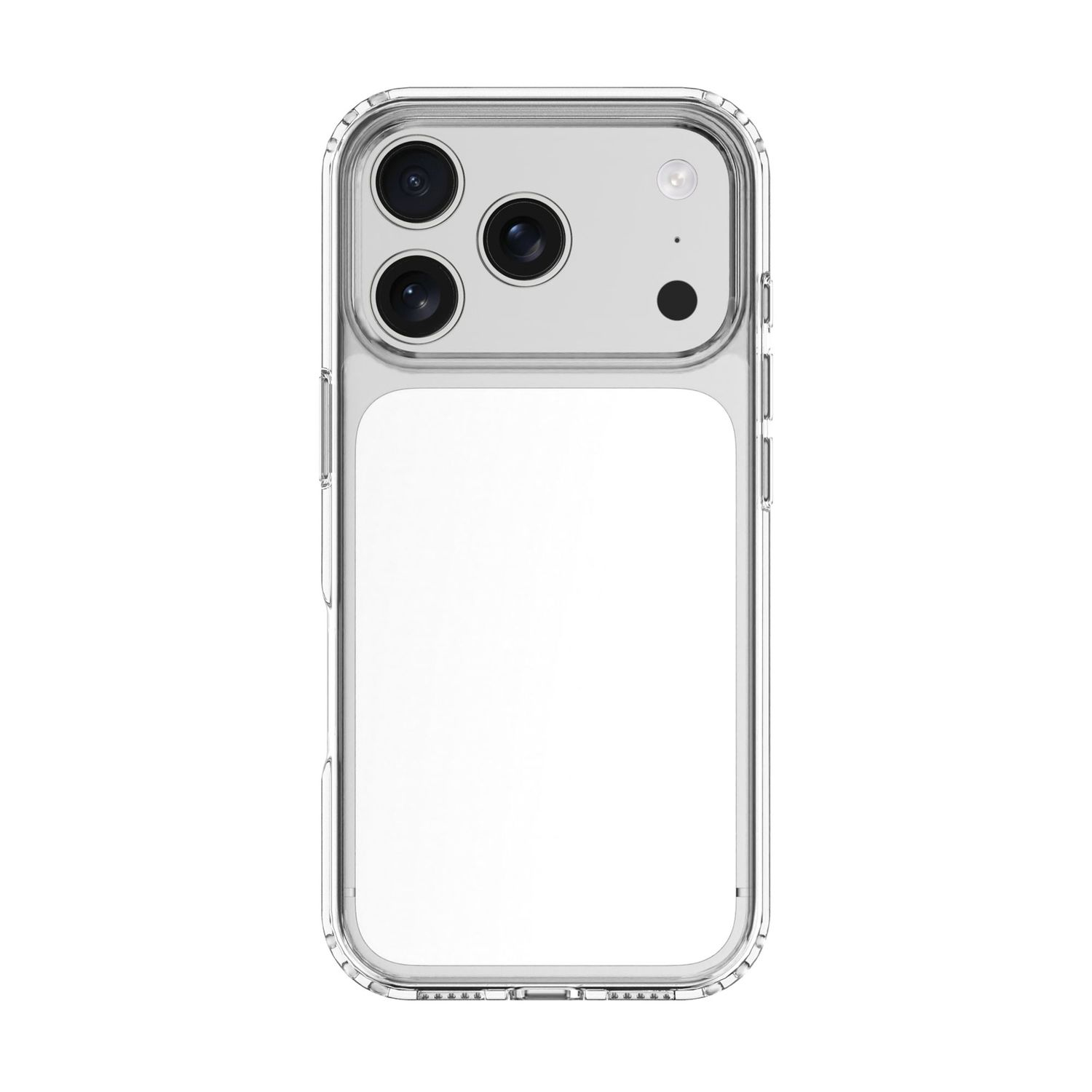 Funda transparente para teléfono con tres lentes de cámara y flash.
