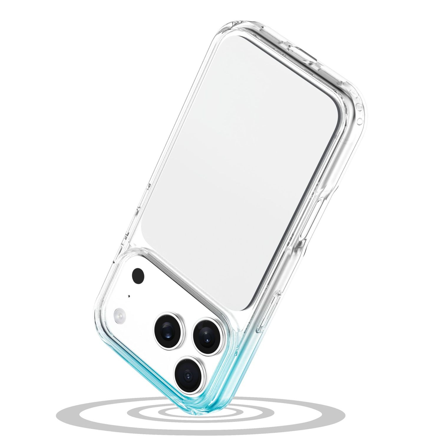 Una funda de teléfono transparente con detalles azules, sobre fondo blanco.