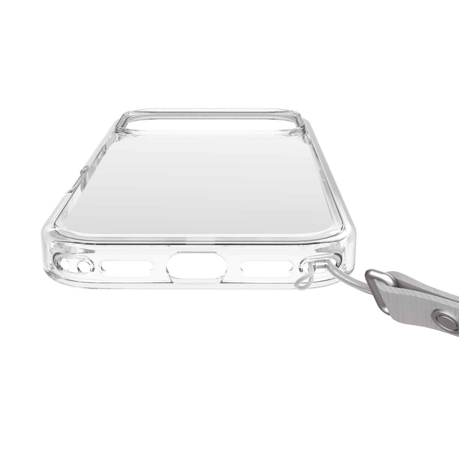 Funda de teléfono transparente con accesorio de cordón, primer plano sobre fondo blanco.