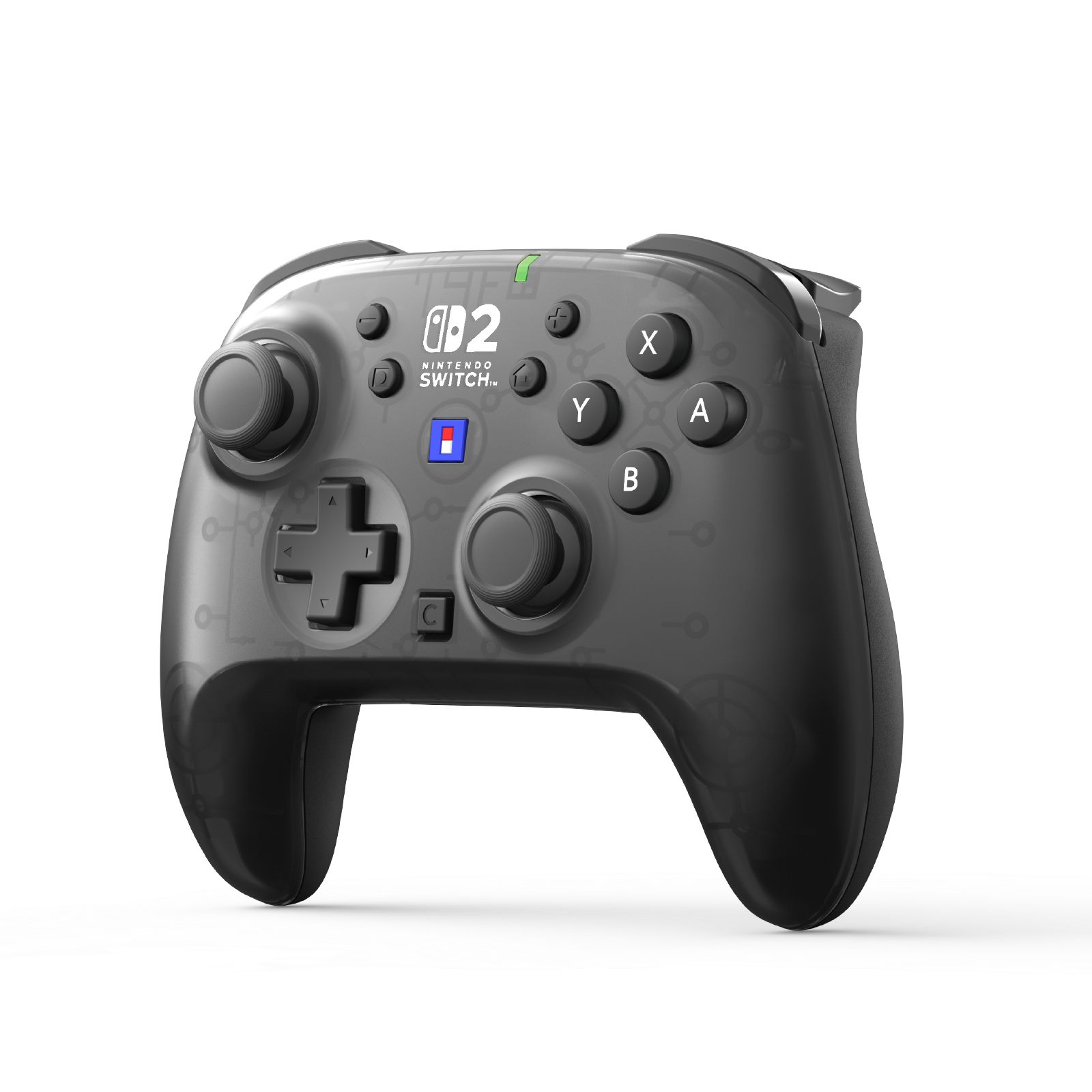 Ein grauer Nintendo Switch Controller mit "002" Logo und Knöpfen.