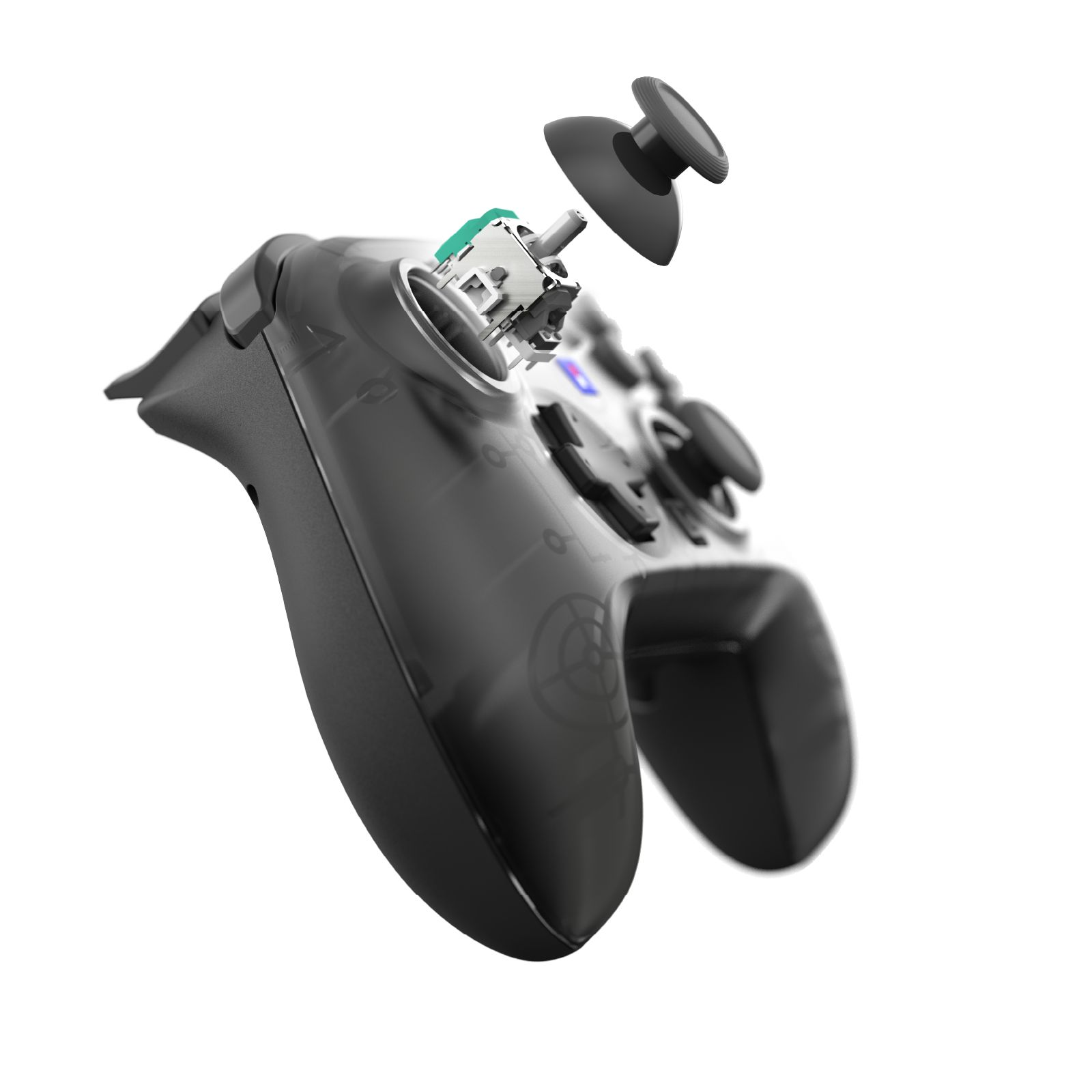 Grauer Controller im Explosionsschnitt, der interne Mechanik zeigt.