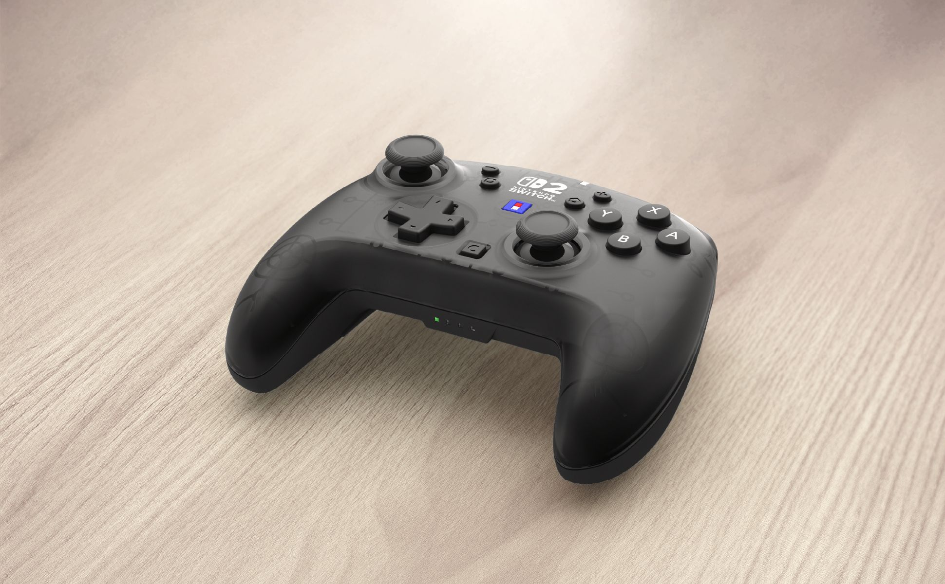 Ein transparenter schwarzer Nintendo Switch Controller liegt auf einem Holztisch.