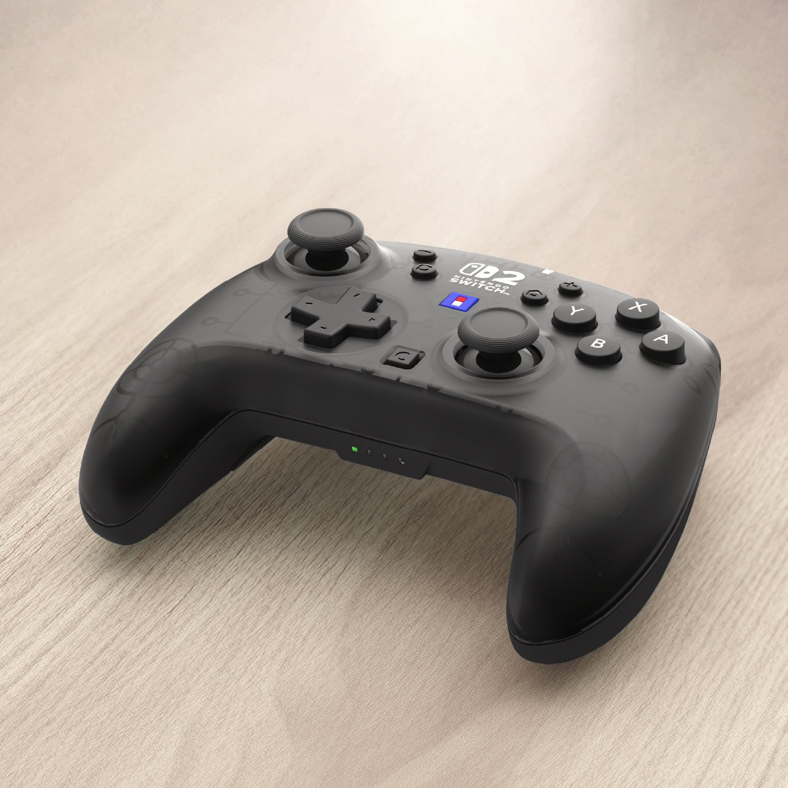Ein schwarzer Nintendo Switch Pro Controller liegt auf einem Holztisch.