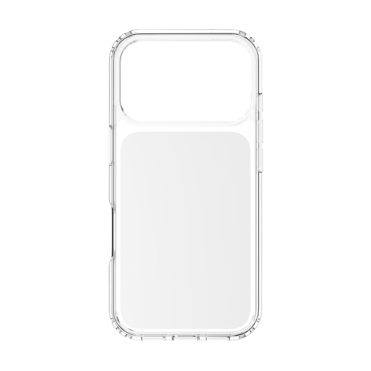 Funda transparente para teléfono con recortes para cámara y botones.