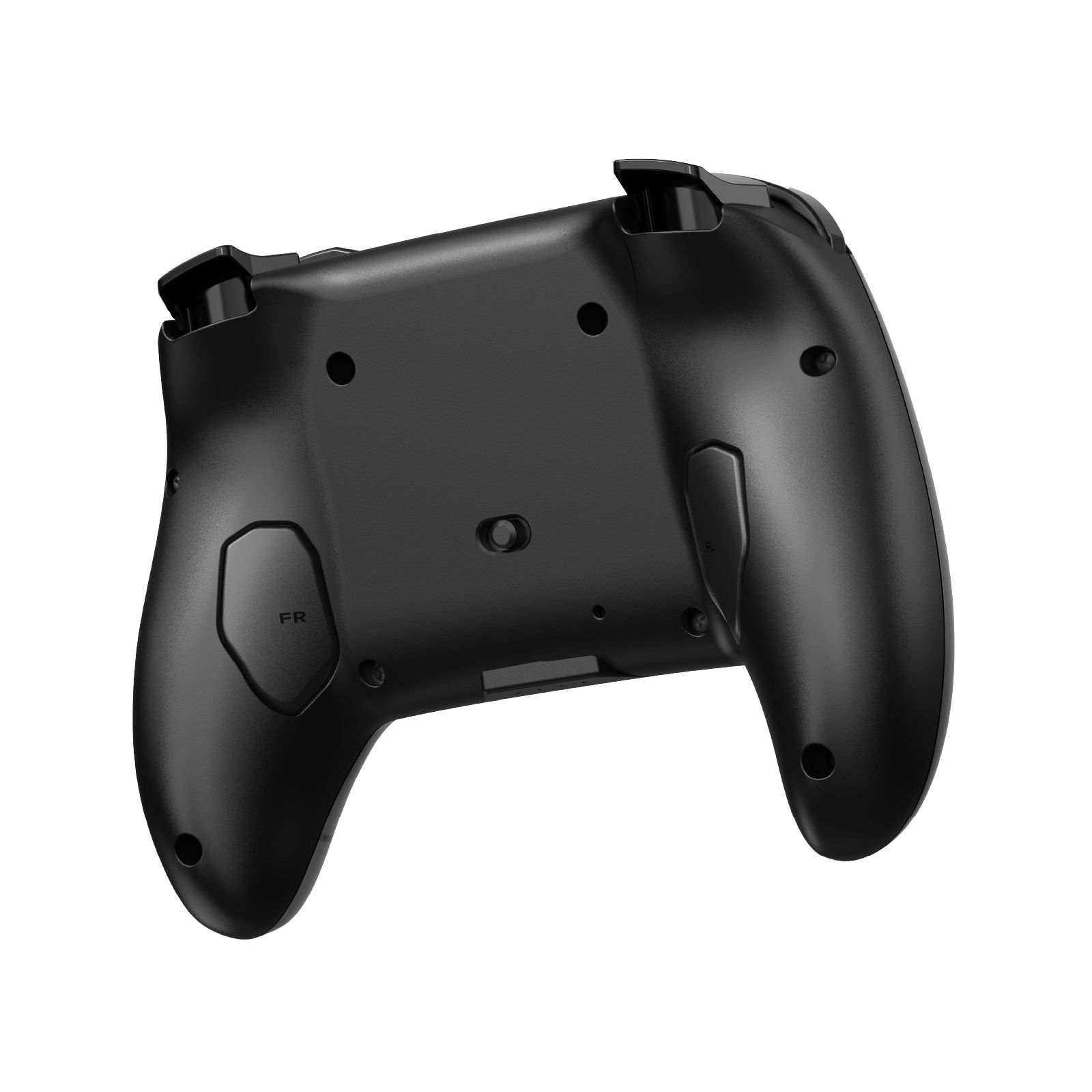 Rückseite eines schwarzen Controllers mit Tasten und Griffen, weißer Hintergrund.