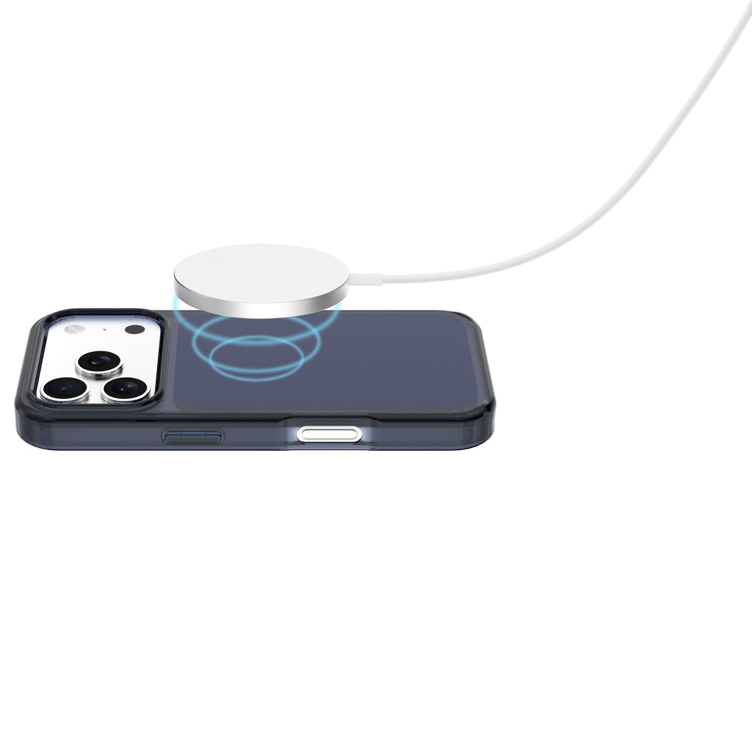 Un cargador inalámbrico blanco carga un smartphone oscuro con funda.