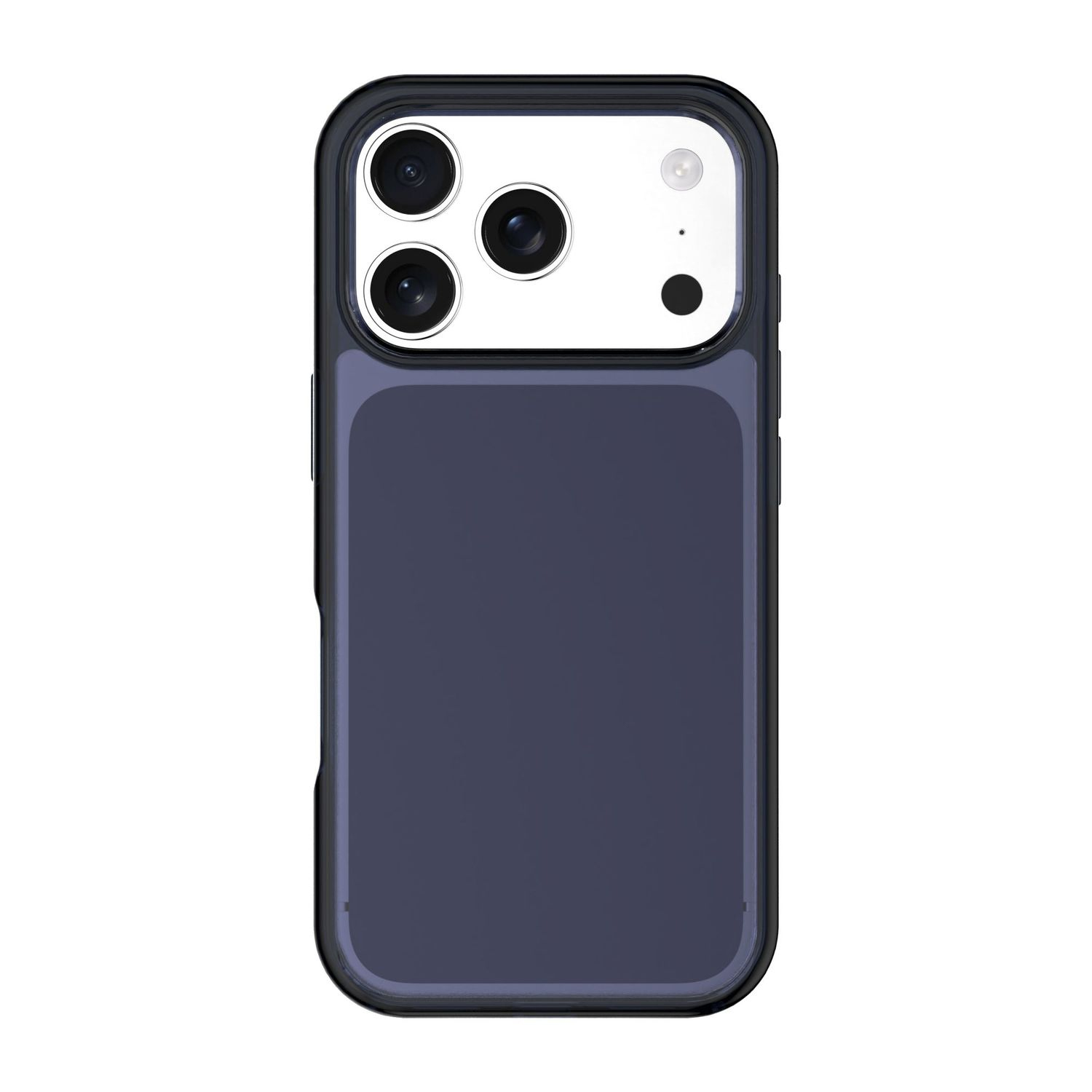 Funda de teléfono azul oscuro con configuración de triple cámara.