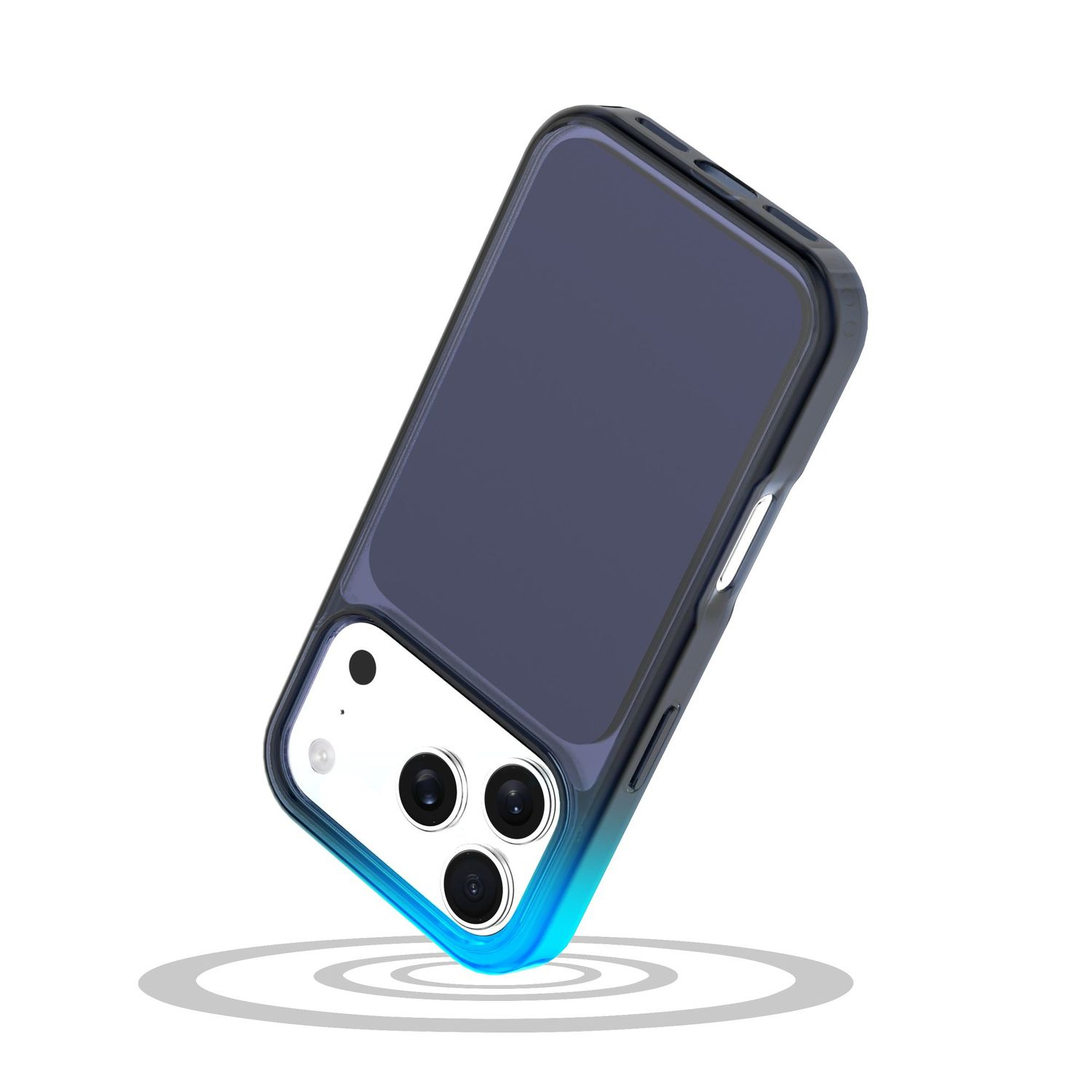 Una funda de teléfono degradada azul oscuro sobre fondo blanco.