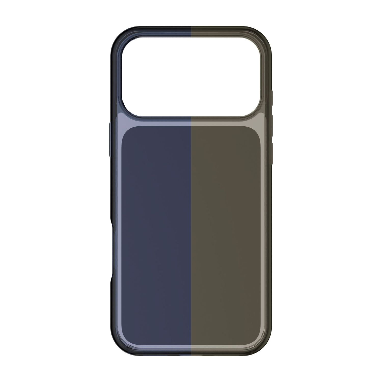 Una funda de teléfono oscura y transparente con un recorte rectangular.