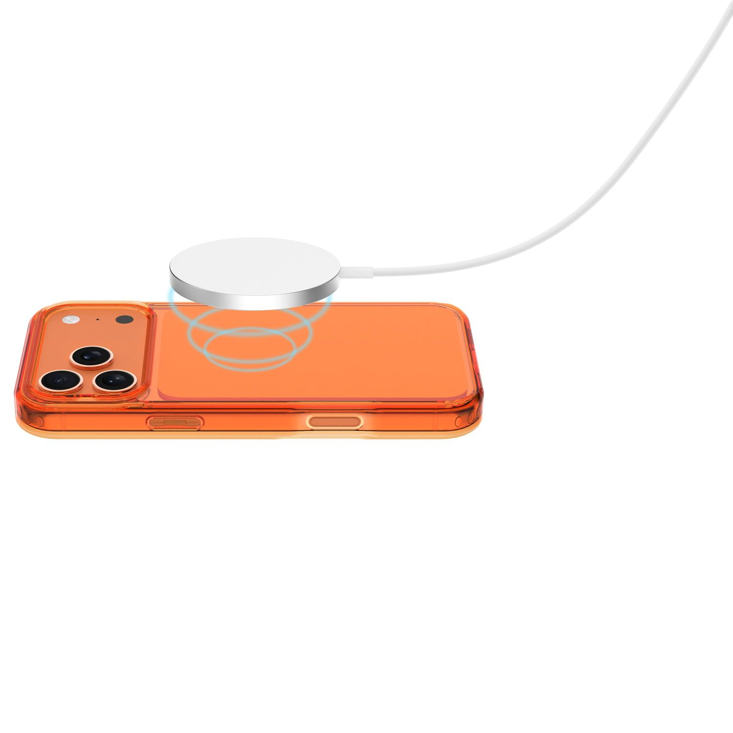 Un smartphone naranja se carga inalámbricamente con una base de carga blanca.