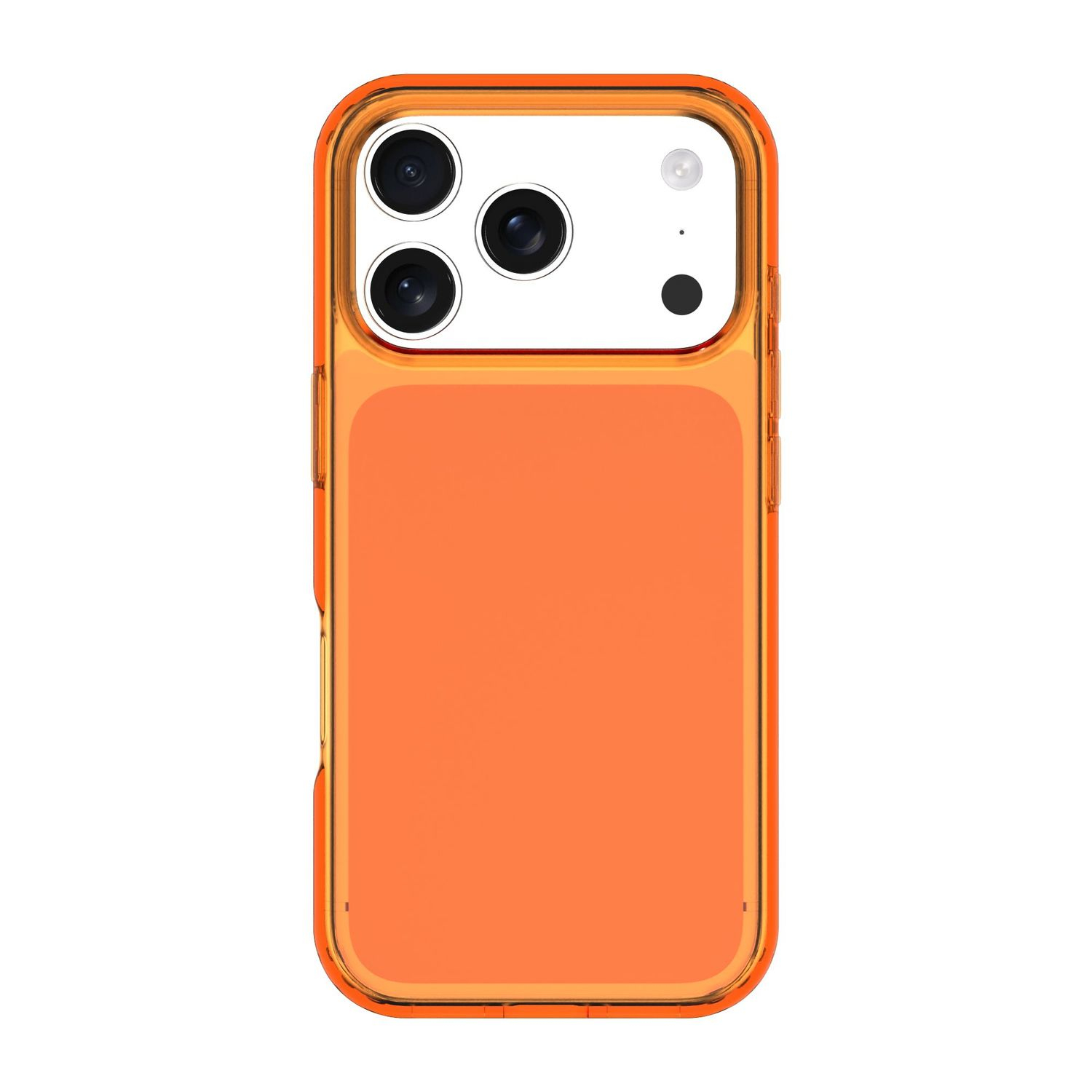Funda naranja para teléfono con tres lentes de cámara sobre fondo blanco.