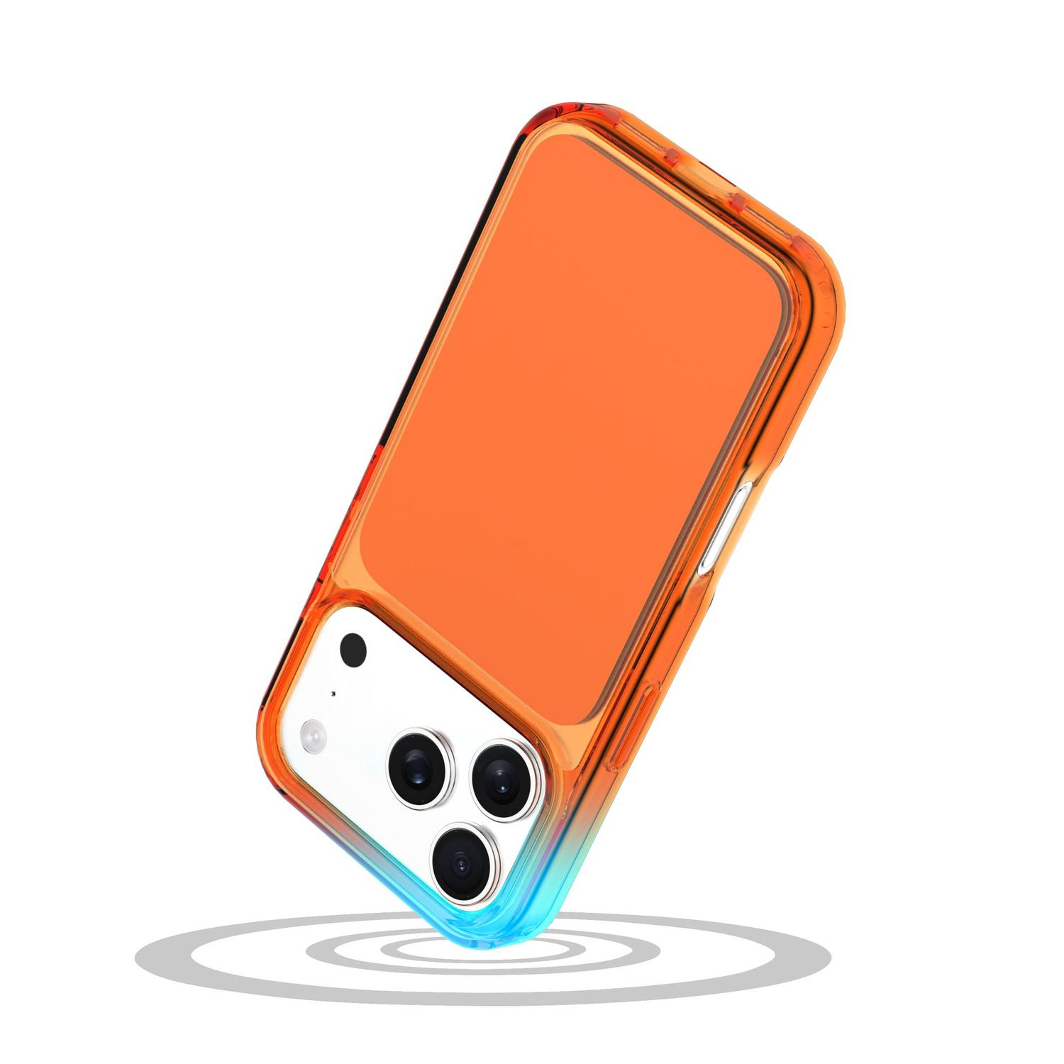 Una funda de teléfono transparente con degradado naranja y azul.