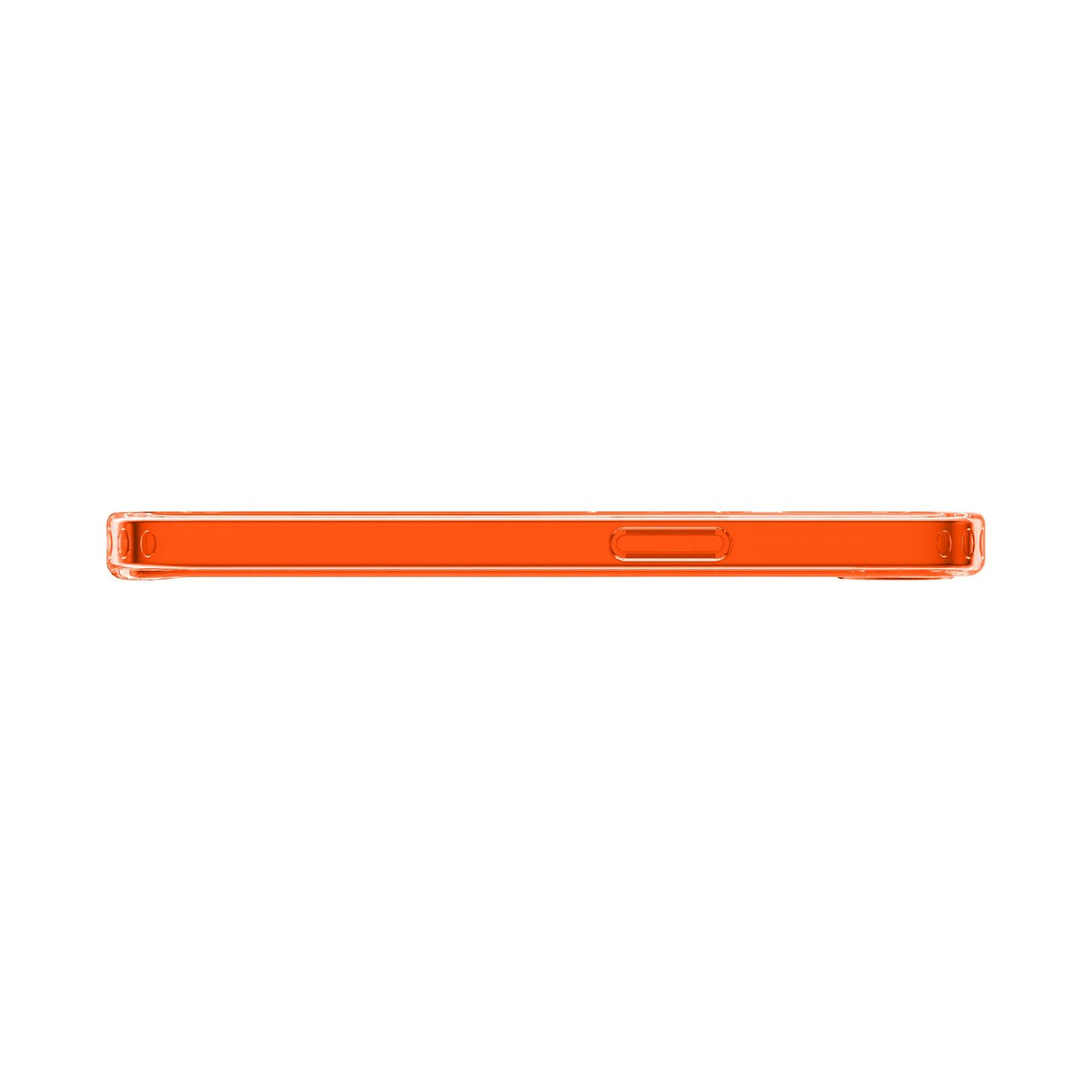 Funda de teléfono naranja vista de perfil sobre fondo blanco.