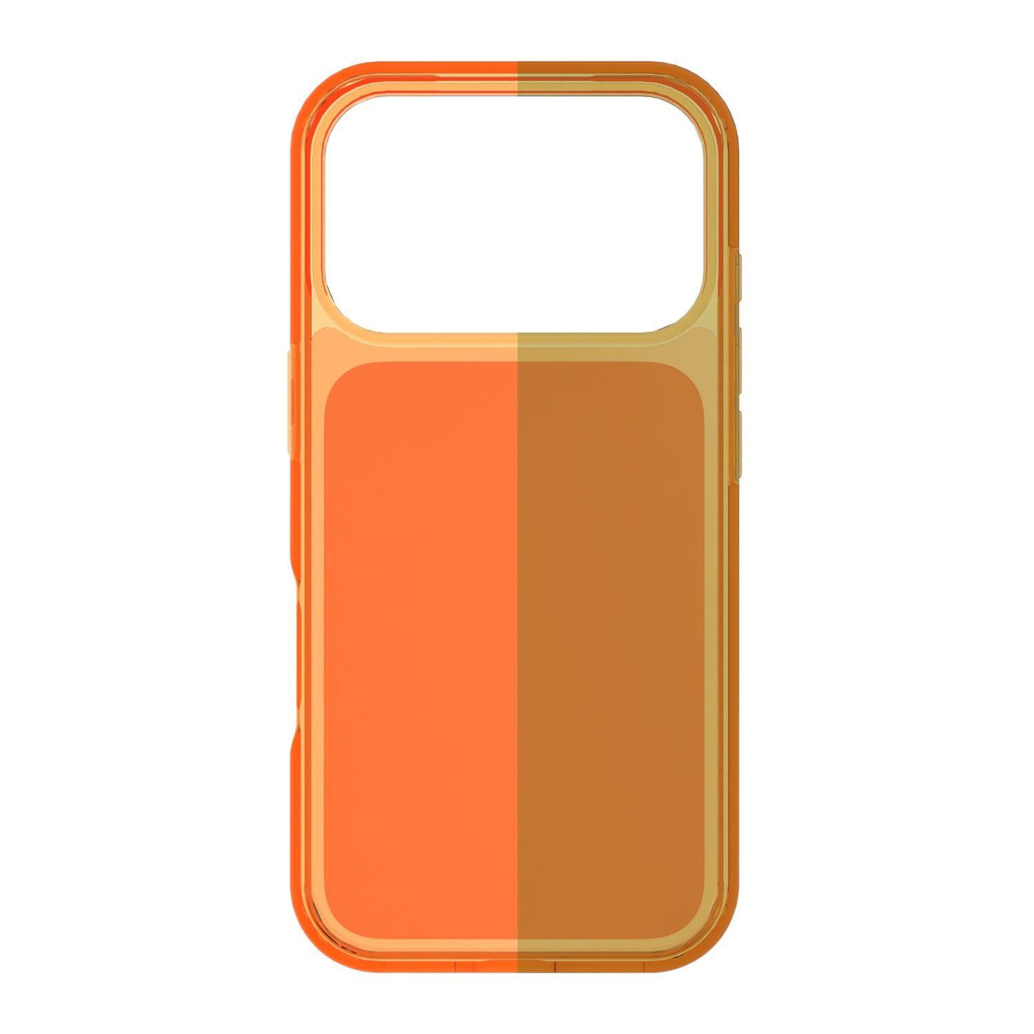 Funda de teléfono naranja con parte trasera bicolor y recorte de cámara.