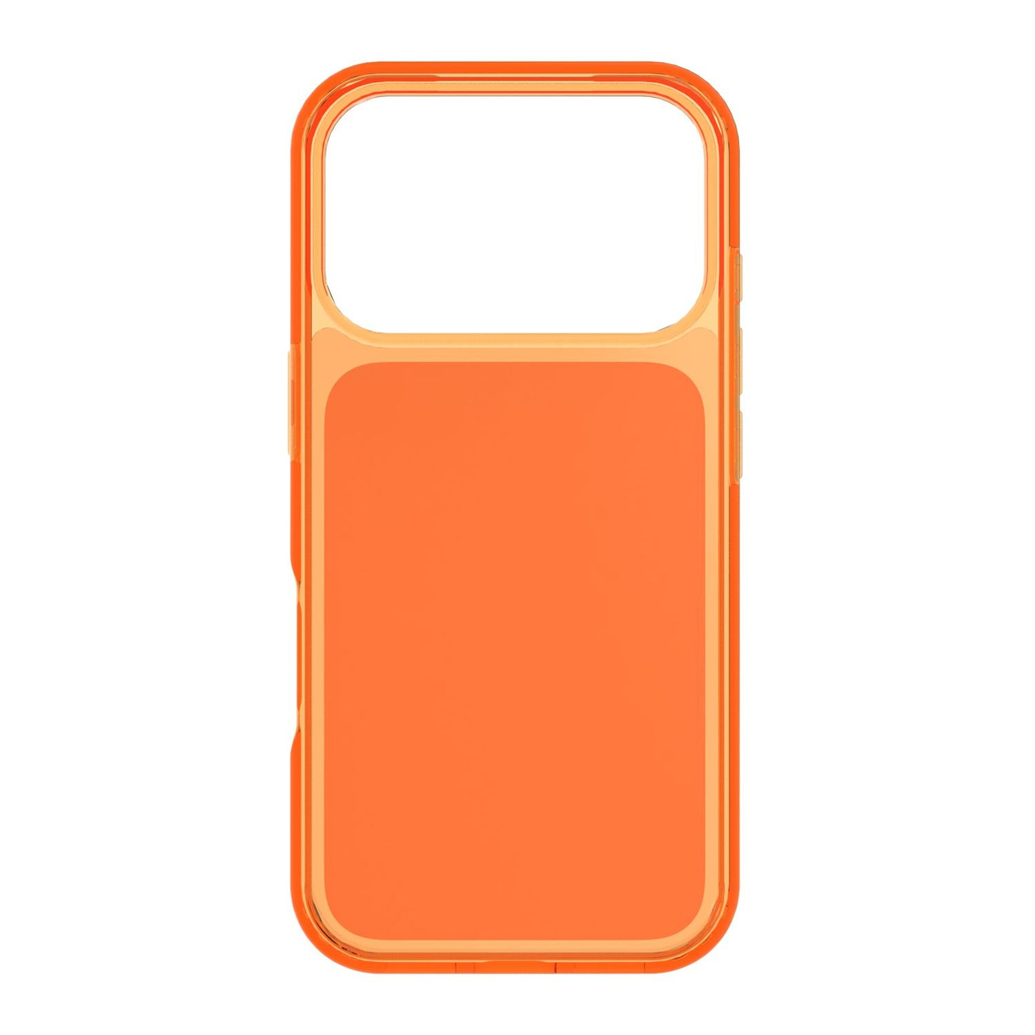 Una funda de teléfono naranja transparente con un recorte en la parte superior.