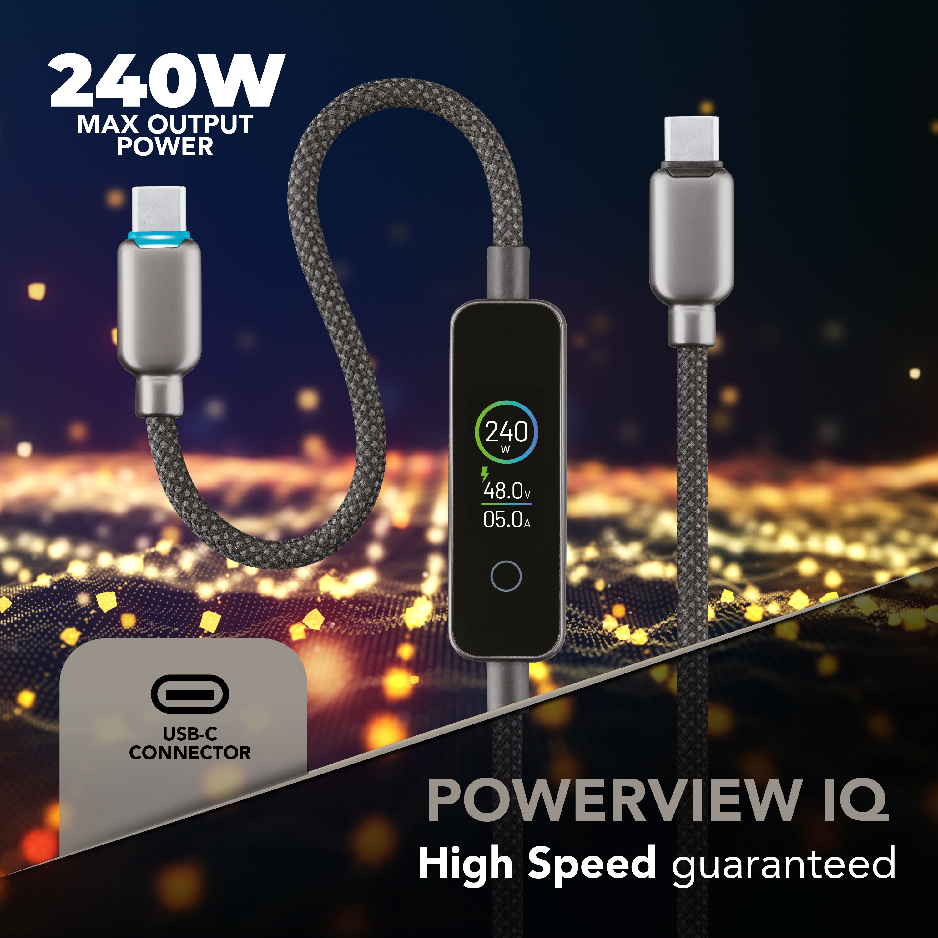 Un cable USB-C de 240W con pantalla digital muestra 48V/5A.