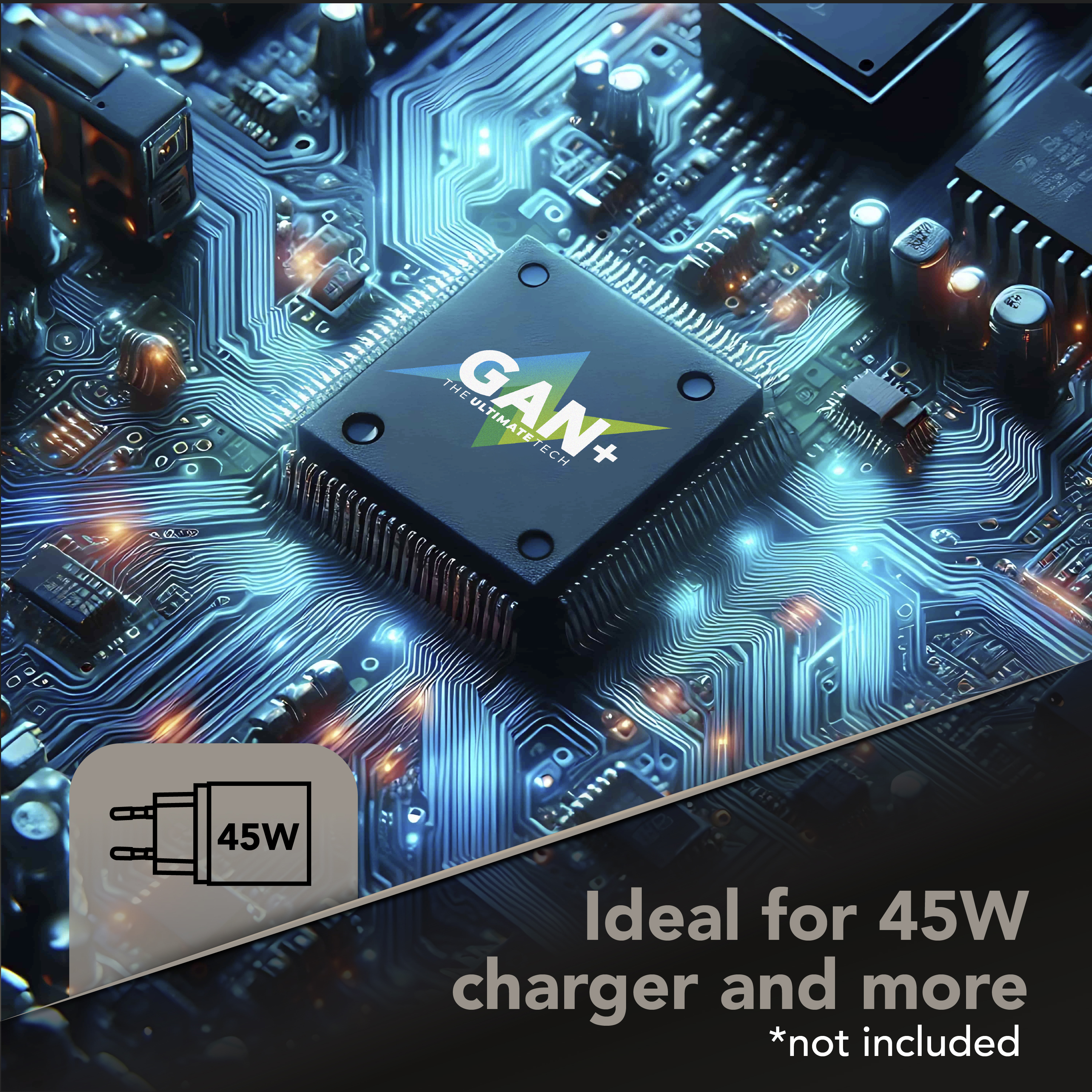 Primer plano de una placa de circuito de computadora con chip GAN+ e icono de 45W.