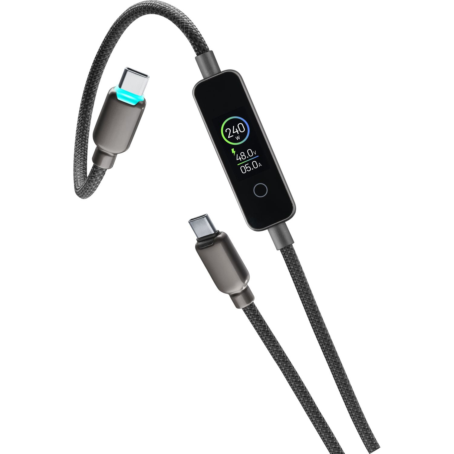 Un cable USB-C trenzado con pantalla digital que muestra 240W, 48,0V y 05,0A.