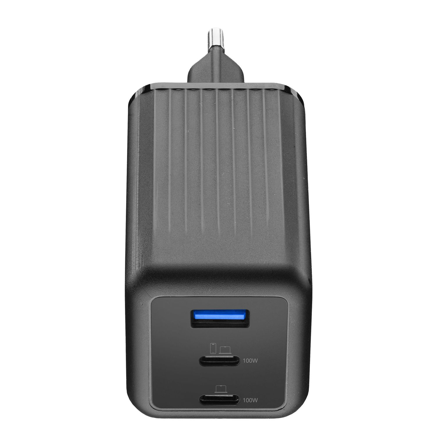 Cargador negro con tres puertos: un USB-A y dos USB-C.