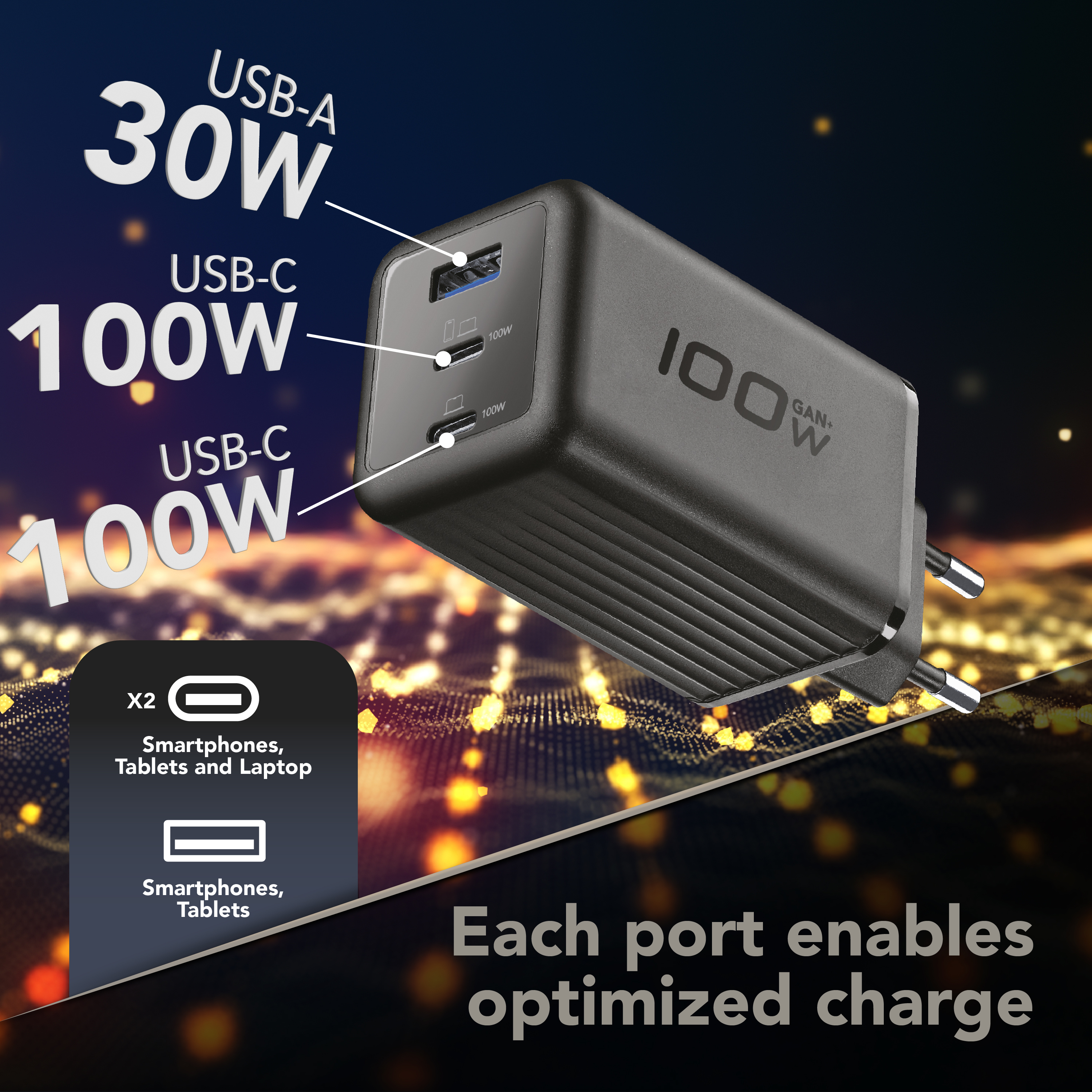 Un cargador negro 100W GAN+ con 1 puerto USB-A y 2 USB-C.