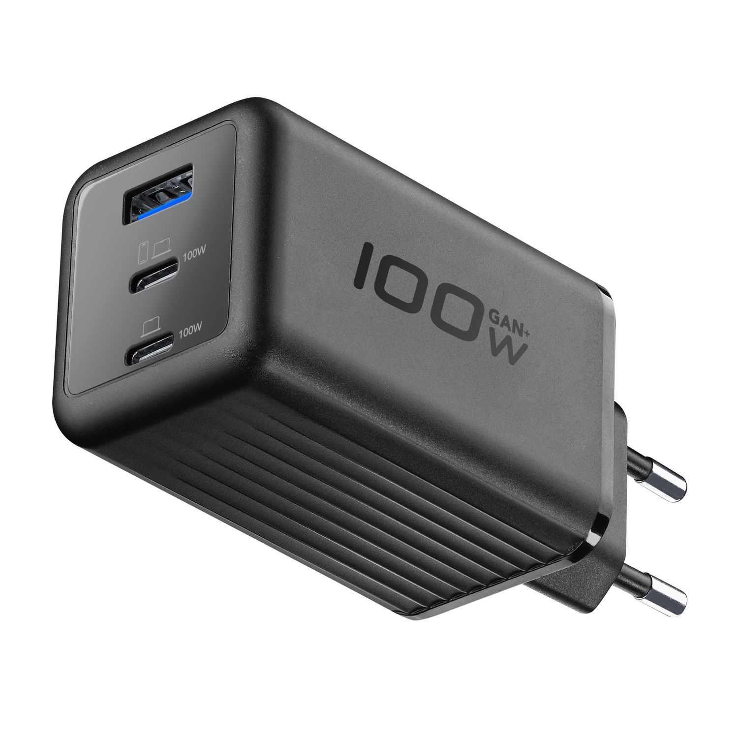 Cargador negro con dos puertos USB y marca '100W GAN+'.