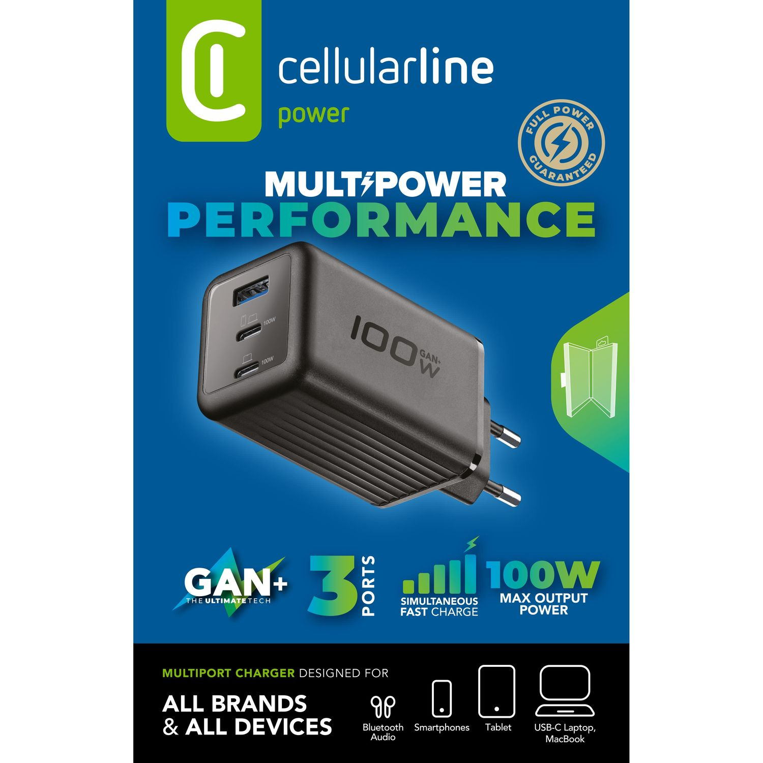 Cargador multiport de Cellularline con 3 puertos, 100W máx., tecnología GAN+.