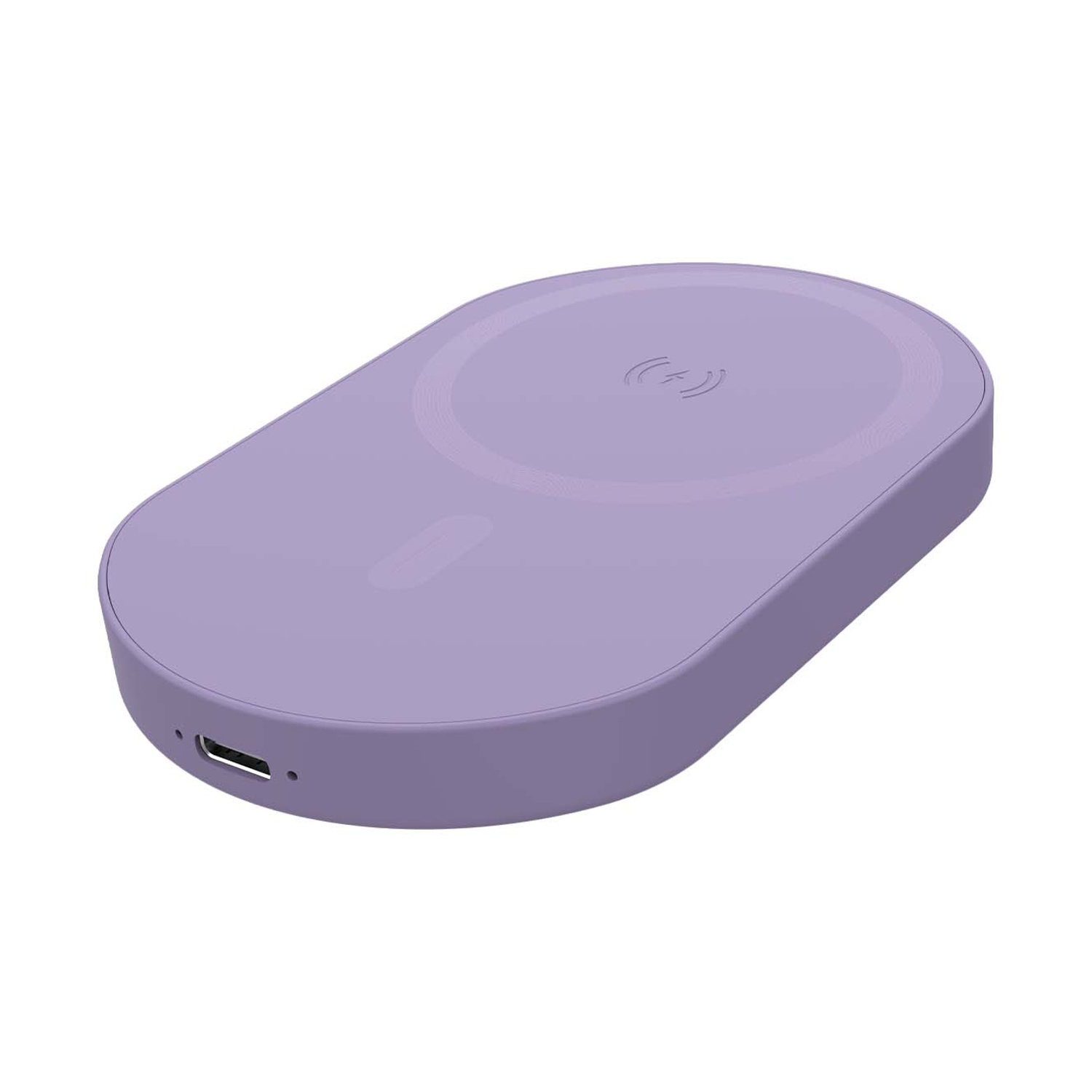 Un pad di ricarica wireless viola con porta USB-C e spie luminose.