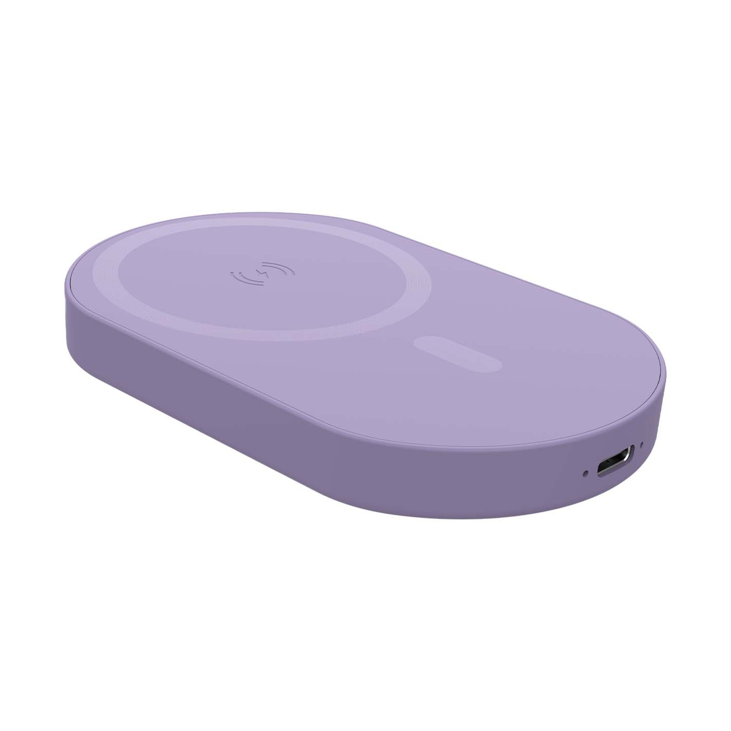 Un pad di ricarica wireless piatto, ovale, lavanda con porta USB-C.