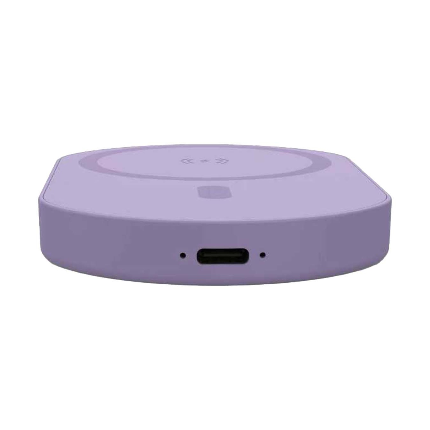 Un pad di ricarica wireless viola con porta USB-C e spia luminosa.
