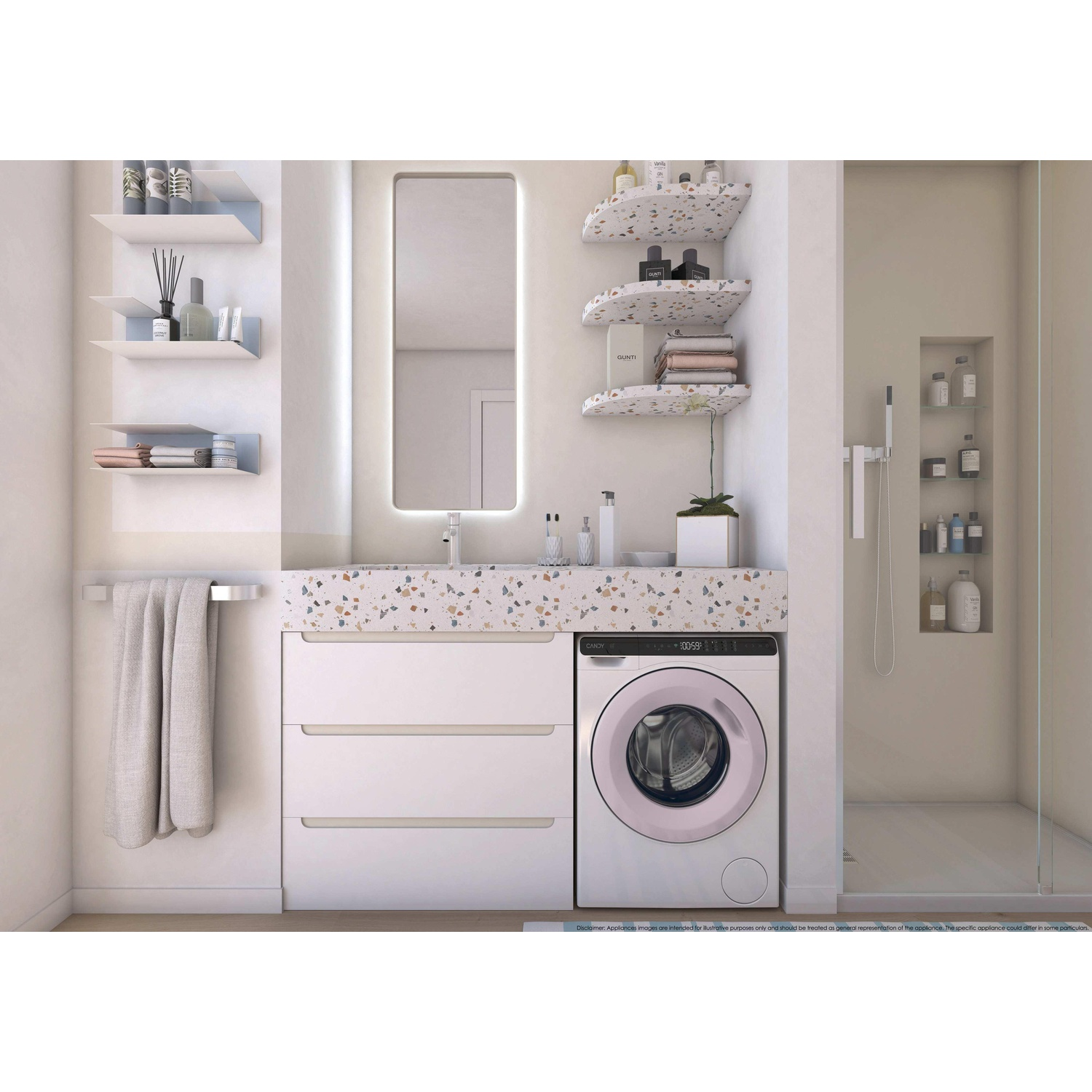 Un bagno moderno con lavatrice, lavandino e zona doccia.