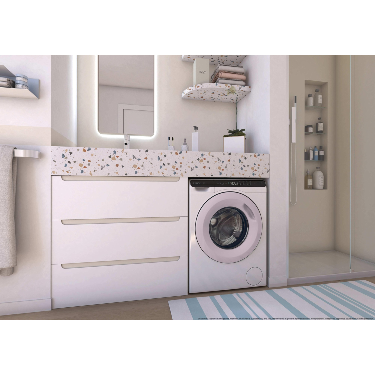Un bagno moderno con lavatrice, lavandino e box doccia.