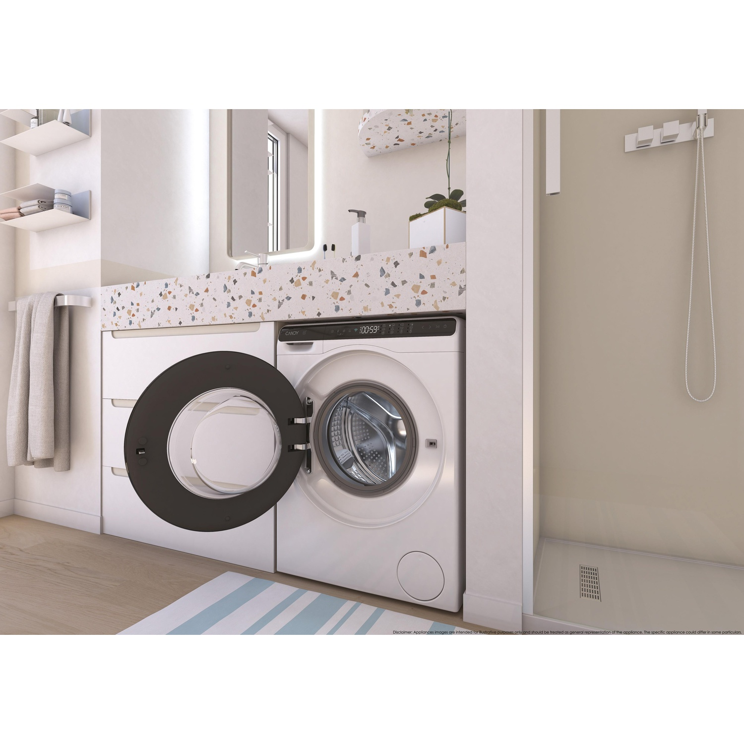 Una lavatrice bianca con l'oblò aperto si trova in un bagno accanto a un lavandino.