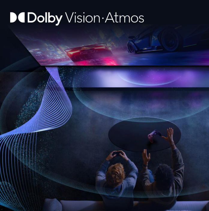 Zwei Personen spielen Videospiele. Oben ein Rennspiel, unten die Dolby Vision Atmos-Grafik.