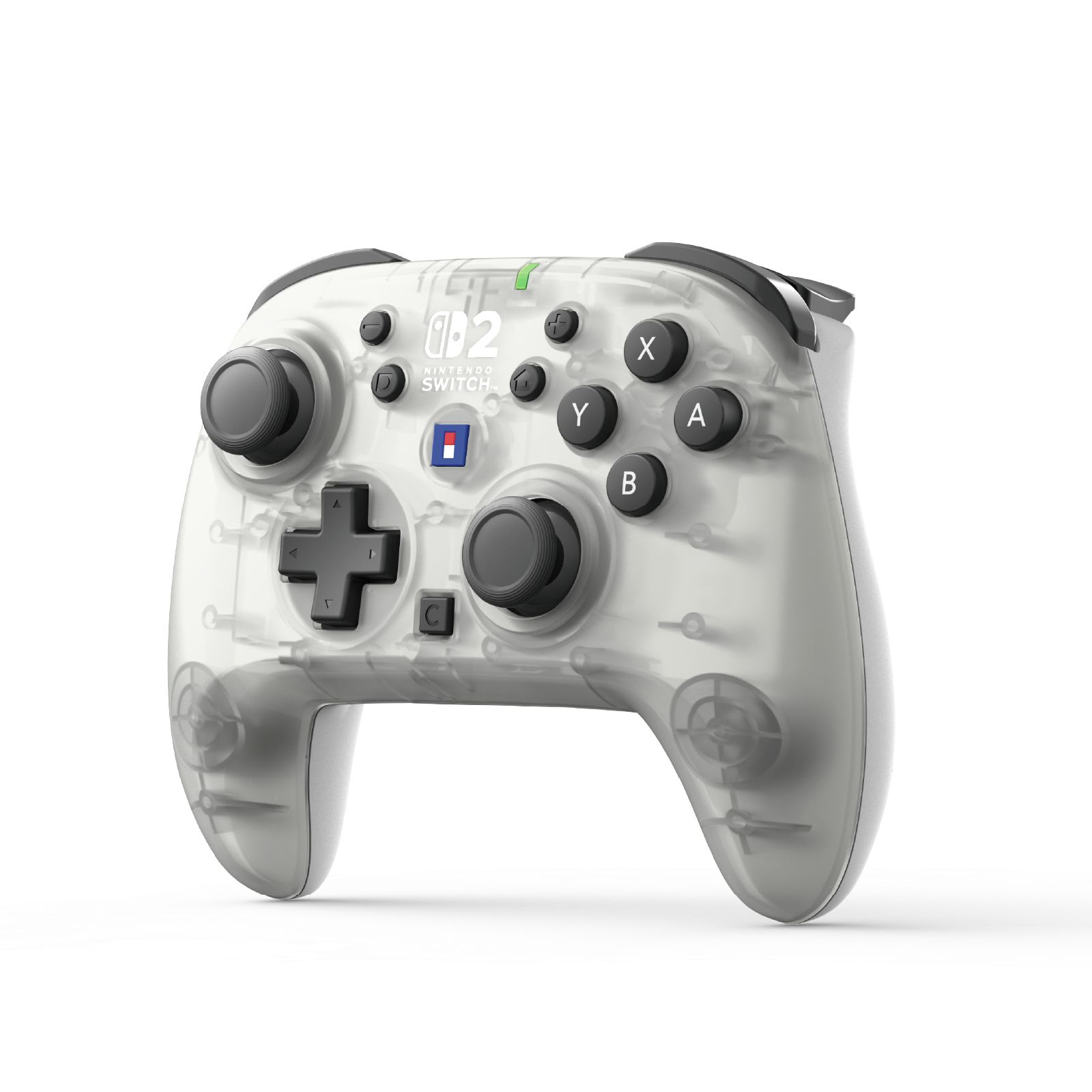 Transparenter weißer Nintendo Switch Controller mit schwarzen Knöpfen und Joysticks.