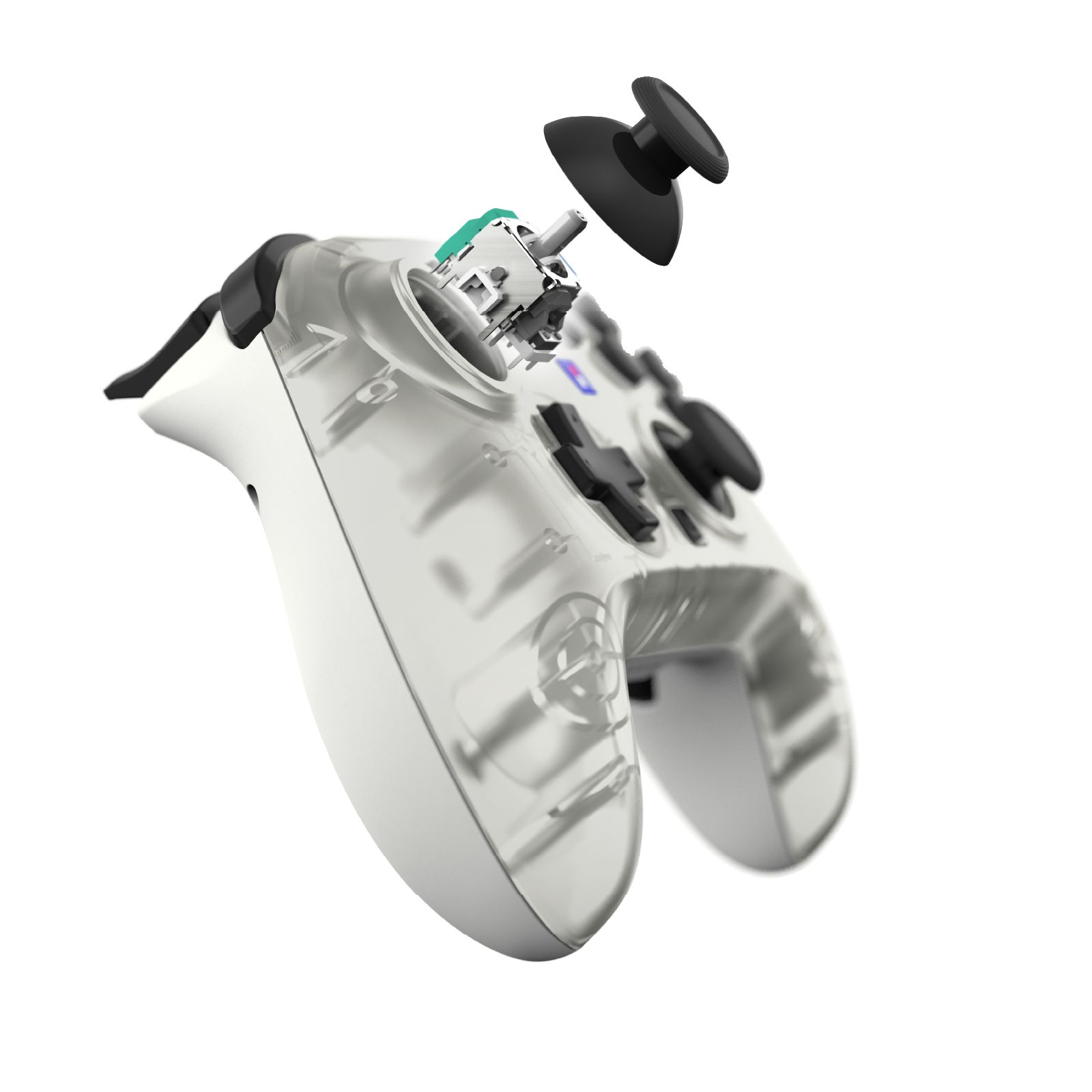 Explosionsansicht eines transparenten weißen Controllers mit schwarzen Knöpfen und Joystick.
