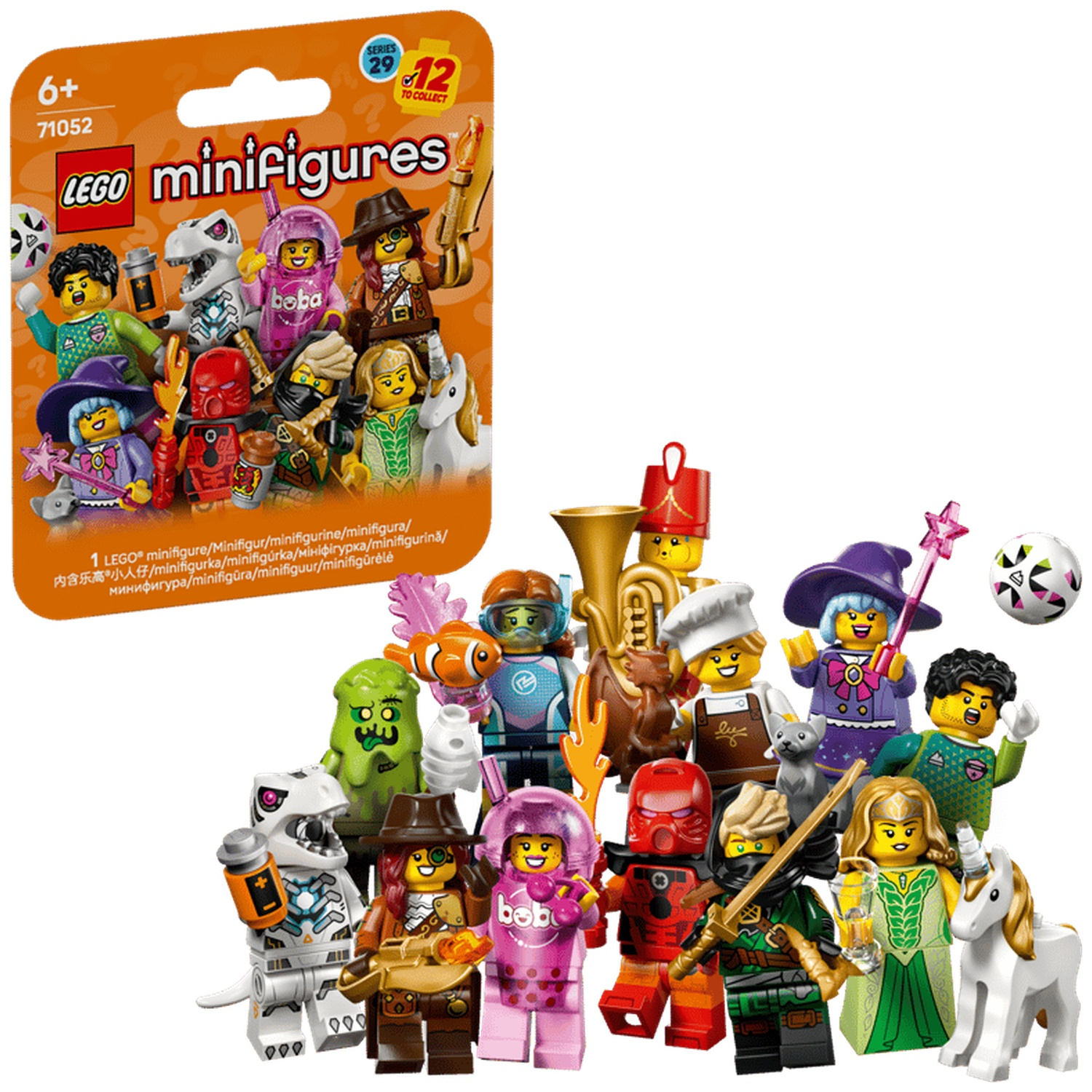 A package of LEGO Minifigures and a group of minifigures.