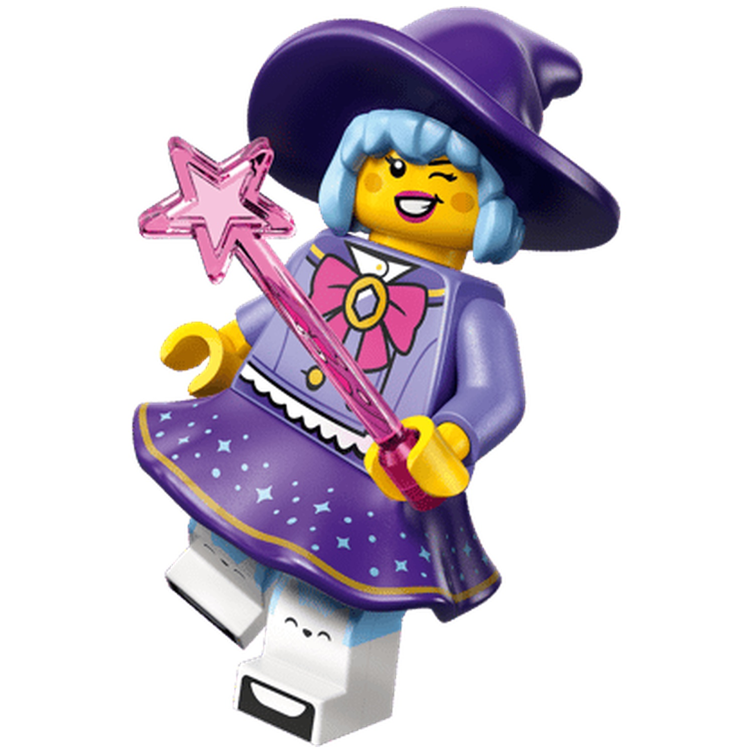 A Lego witch with a wand and a starry dress.