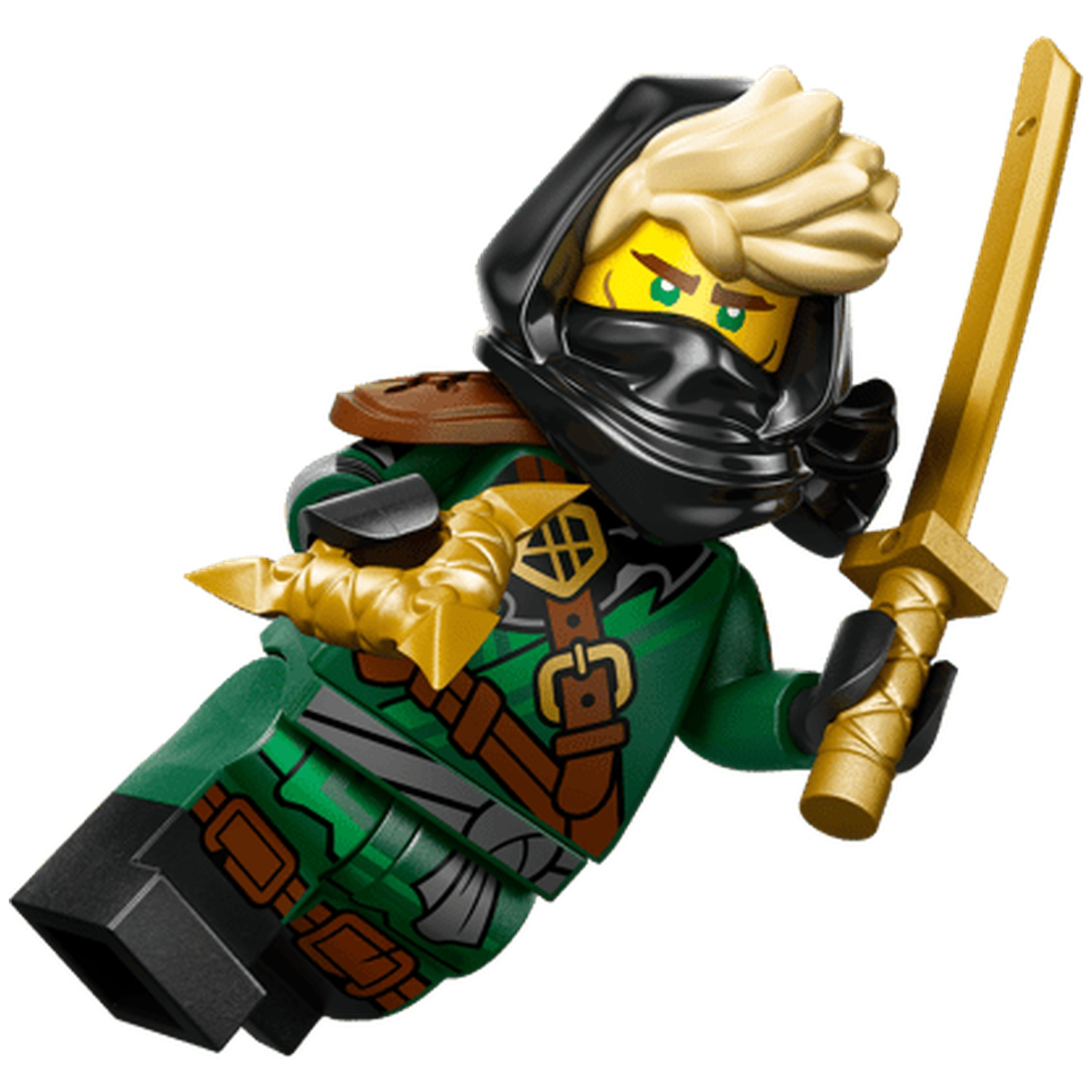Green Lego ninja with gold sword and claws, wearing hood and mask.