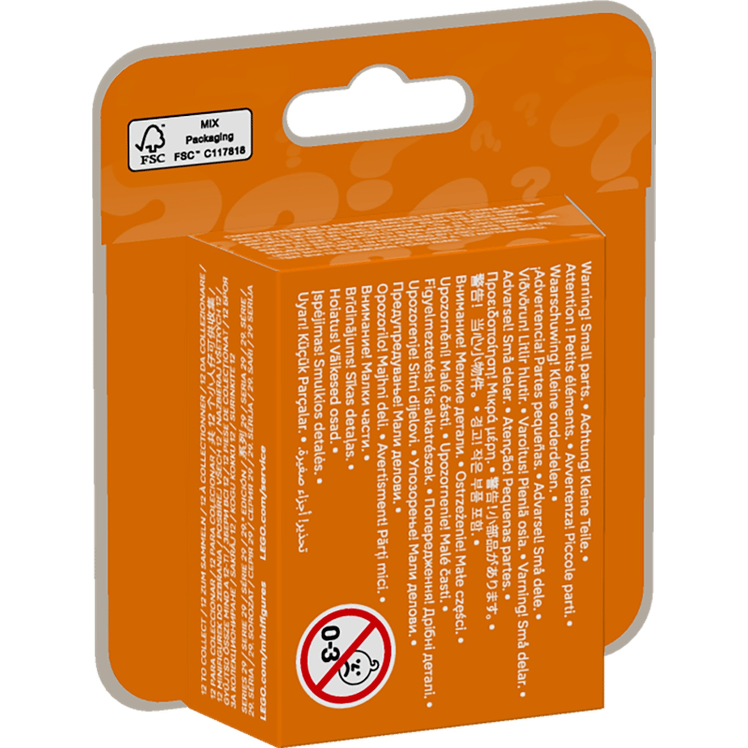 Packaging with multilingual warnings and FSC logo. Age 0-3.