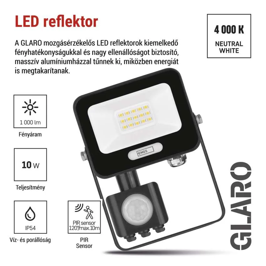 Fekete LED reflektor PIR-érzékelővel, 1000 lm, 10 W, IP54, 4000 K, neutrál fehér.