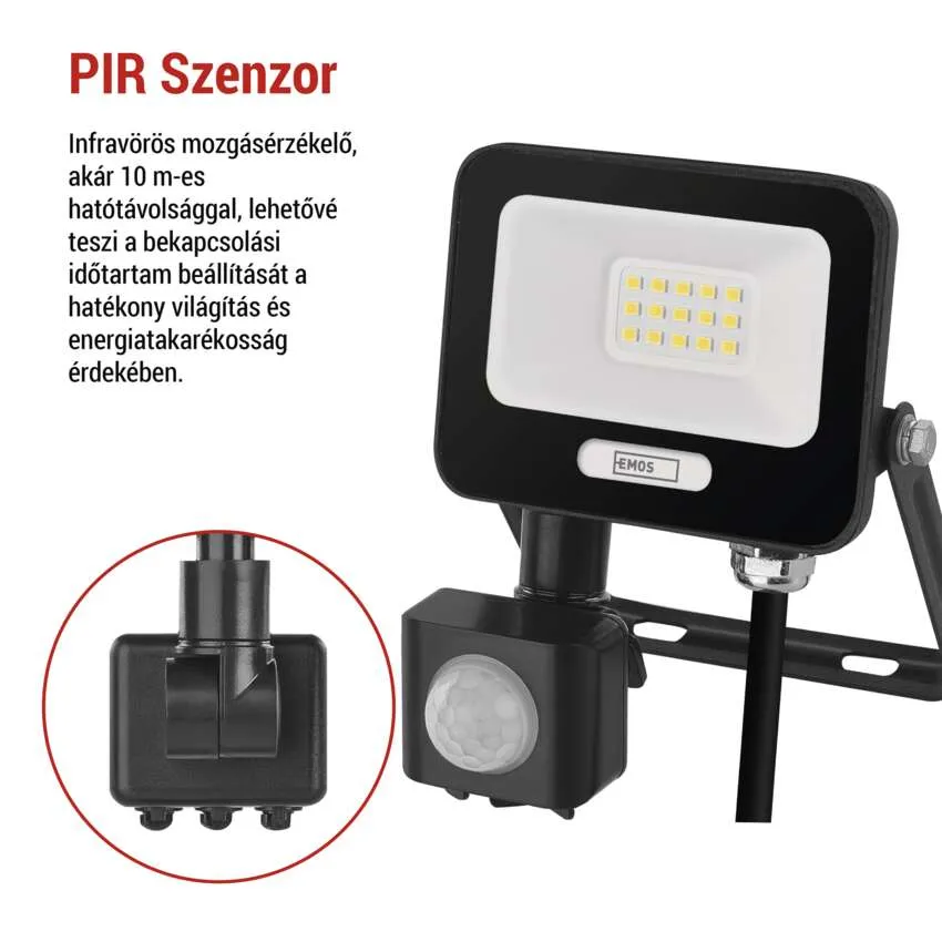Fekete LED-es reflektor mozgásérzékelővel és magyar nyelvű szöveggel.