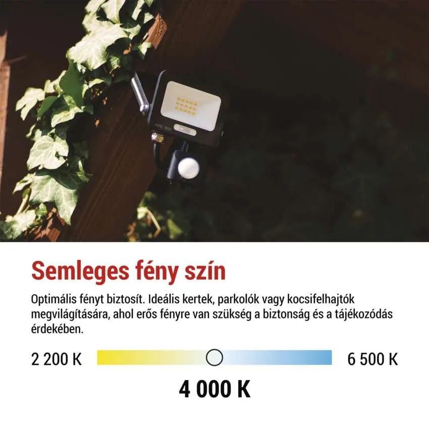 Egy fekete LED-es reflektor mozgásérzékelővel, faszerkezeten, borostyánnal körülvéve.